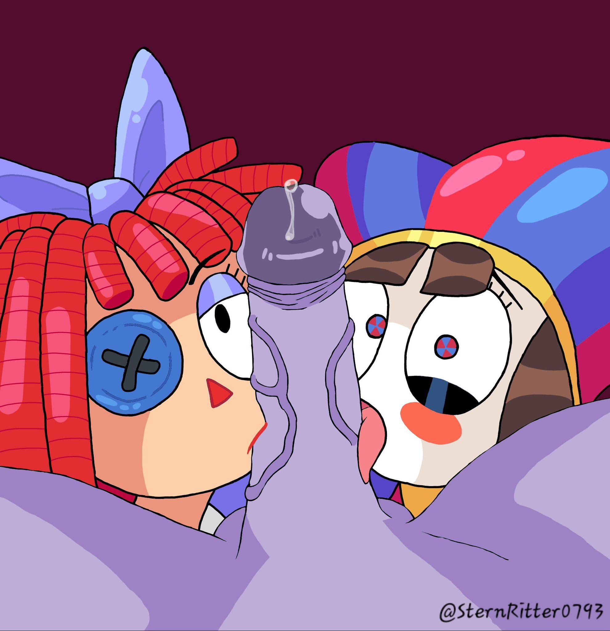 2023, 2d, 2d (artwork), 2d artwork, bow tie, brown hair, button eyes, doll, female, foreskin, glans, glitch productions, gooseworx, jax (the amazing digital circus), jester, jester costume, jester hat, jester outfit, licking penis, male, male pov, penis, pomni, pomni (the amazing digital circus), precum, purple body, purple penis, ragatha, ragatha (the amazing digital circus), red hair, retracted foreskin, short hair, sternritter0793, sternritter0793 (artist), straight, tagme, the amazing digital circus, uncircumcised, uncut, veiny penis, white body