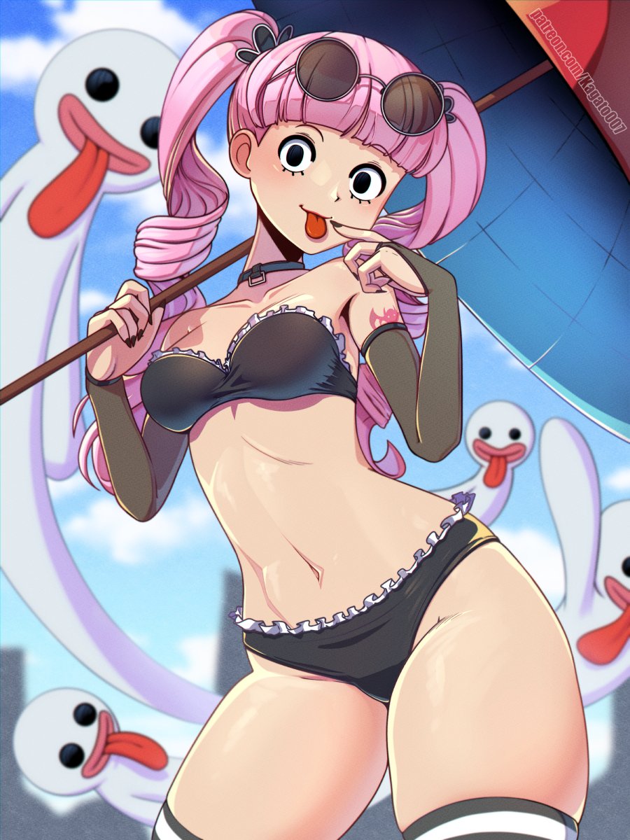 breasts female female_only kagato007 looking_at_viewer one_piece panties perona pink_hair solo tagme tongue_out twintails