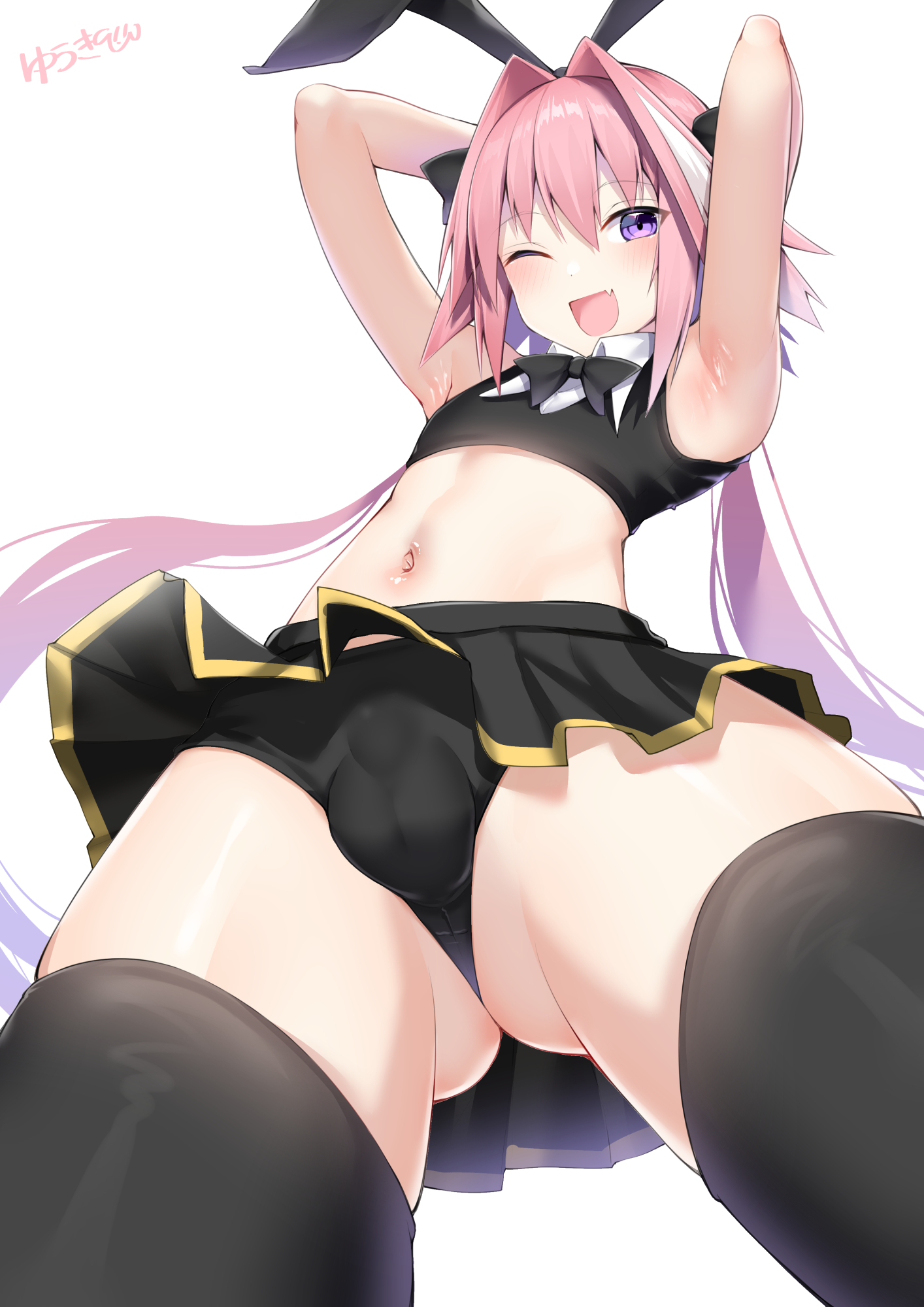 1boy, armpits, arms up, astolfo (fate), belly, belly button, bulge, bulge through clothing, bunny ears, fate (series), fate/grand order, femboy, kitajima yuuki, male, male only, penis, penis under clothes, penis under skirt, pink eyes, pink hair, purple eyes, skirt, solo, solo focus, solo male, tagme, thick thighs, thighhighs, thighs