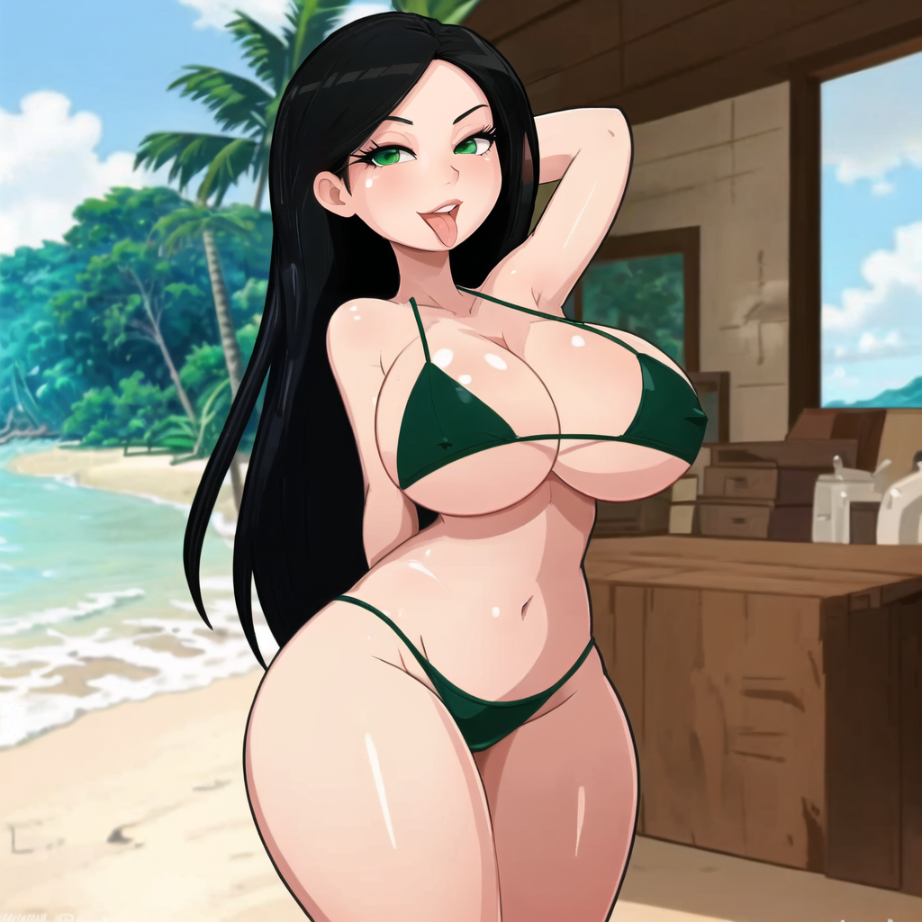 ai_generated arms_behind_back ass beach bikini cixf horny horny_female huge_ass huge_breasts landidzu original_character pose standing string_bikini thick_ass thick_thighs tongue_out