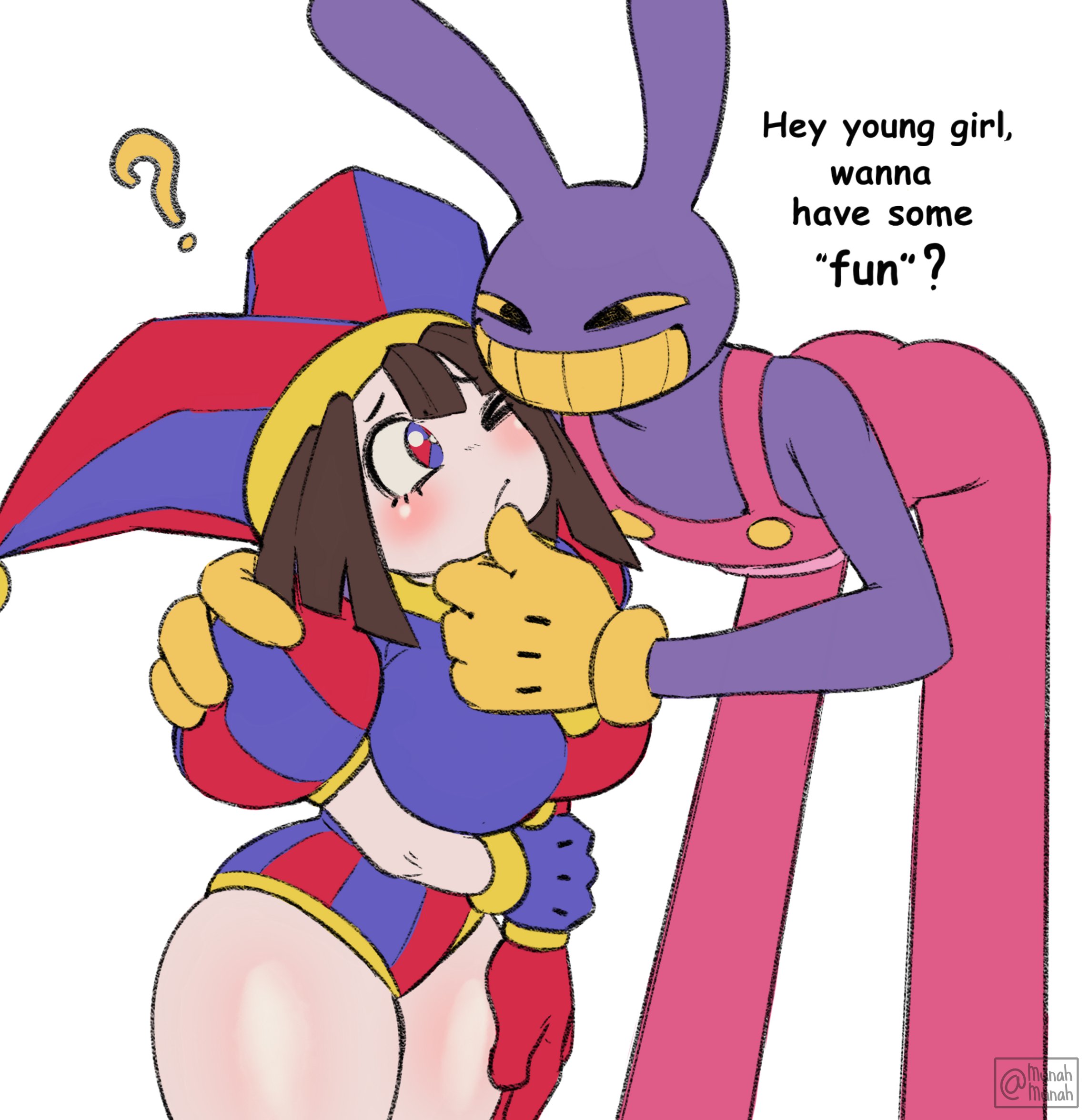 2023, 2d, 2d (artwork), 2d artwork, anthro, big breasts, breasts, brown hair, bunny ears, confused, dialogue, female, glitch productions, gloves, gooseworx, hand on face, human, human on anthro, jax (the amazing digital circus), jester, jester costume, jester hat, jester outfit, lagomorph, leporid, looking at partner, mai munah, mammal, pomni (the amazing digital circus), purple body, rabbit, short hair, smaller female, the amazing digital circus, thick thighs, white body, yellow eyes, yellow mouth