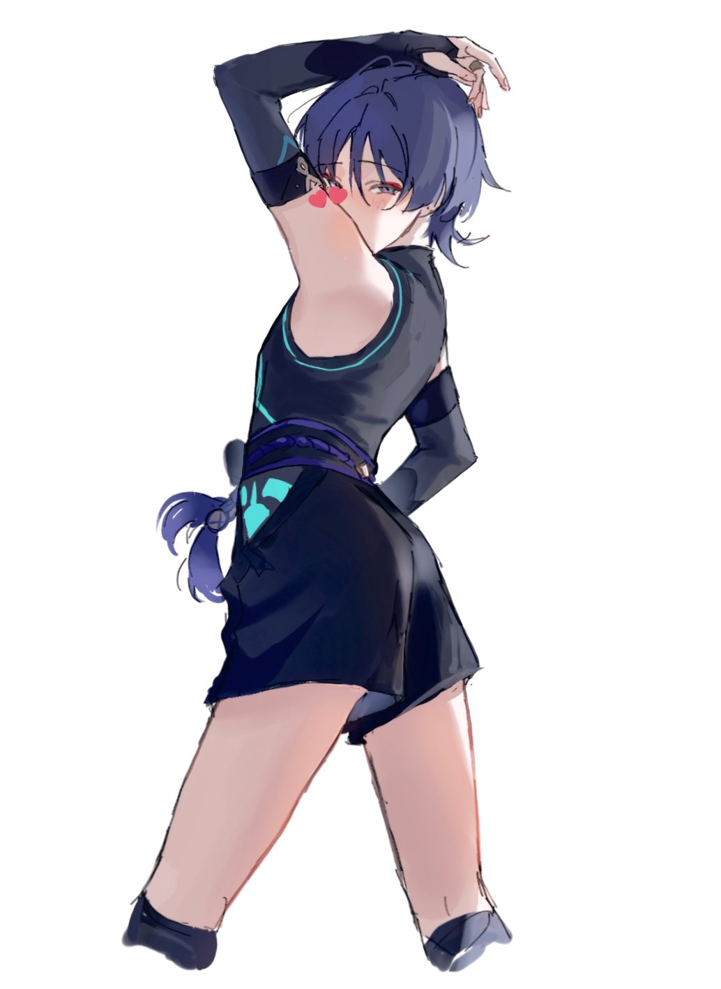 1boy, arched back, arms up, ass, auaua, bare shoulders, blue eyes, blue hair, blush, femboy, genshin impact, girly, looking at viewer, male, male only, pose, rear view, scaramouche (genshin impact), shorts, tagme, thighs, twink