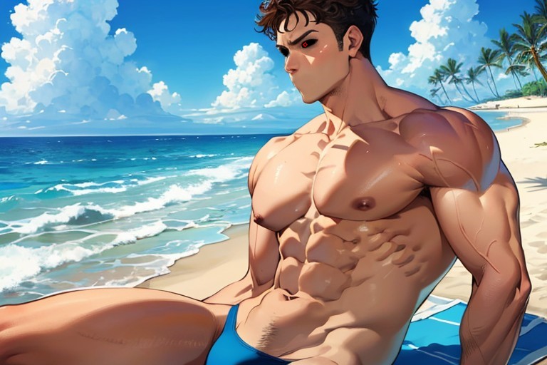 ai_generated beach big_penis black_eyes dark_brown_hair darkest muscular