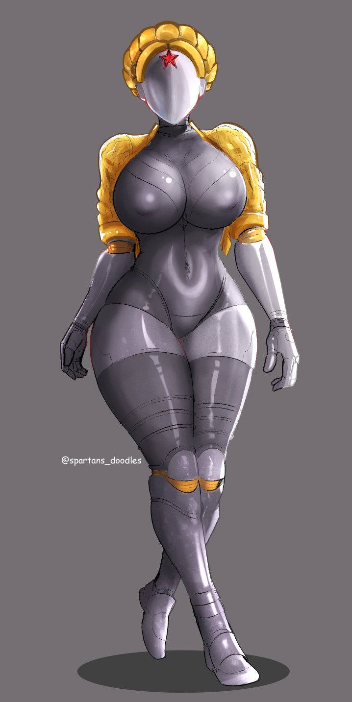 1girls, 2d, 2d (artwork), areolae, atomic heart, belly, breasts, clothing, female, gold jacket, gynoid, hips, huge breasts, large breasts, left (atomic heart), nipples, puffy areola, simple background, spartandoodles, the twins (atomic heart), thick thighs, thighs, tummy, wide hips