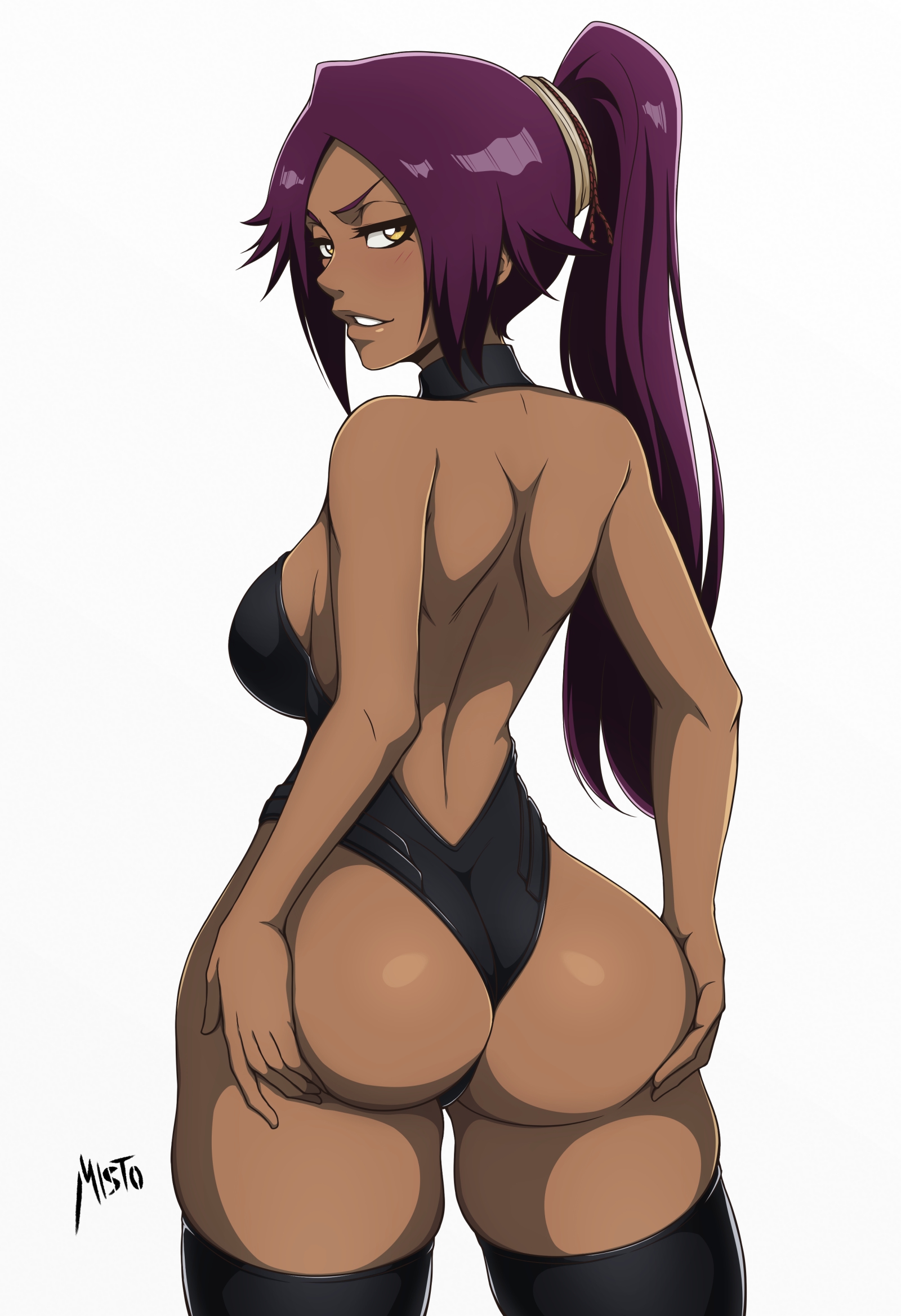 ass, black leotard, black thighhighs, bleach, blush, breasts, dark skin, dark-skinned female, female, large breasts, leotard, long hair, mistowing, ponytail, purple hair, shihouin yoruichi, simple background, smile, solo, white background, yellow eyes