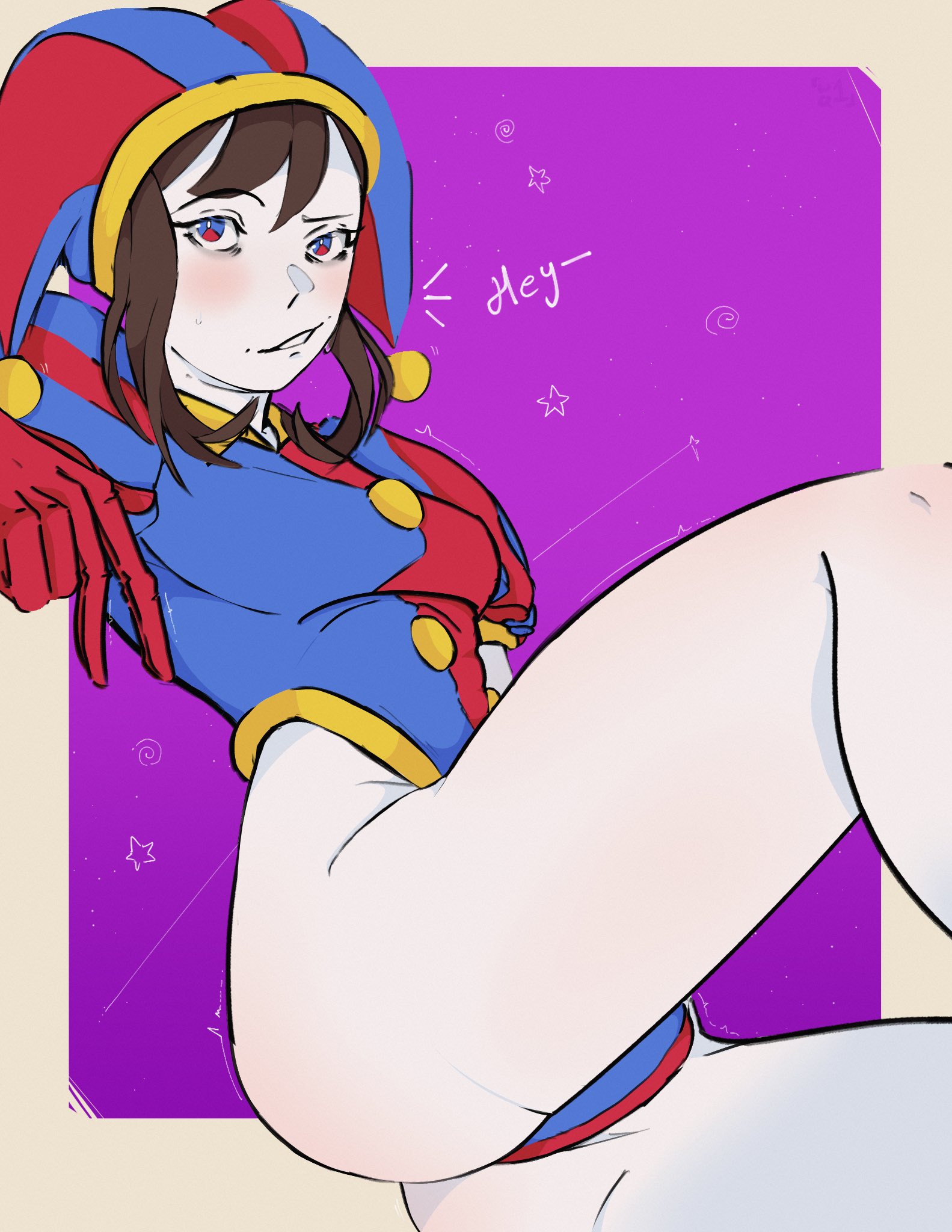 2023, 2d, 2d (artwork), 2d artwork, artist request, breasts, brown hair, female, glitch productions, gloves, gooseworx, jester, jester costume, jester hat, jester outfit, looking at viewer, peace sign, pomni (the amazing digital circus), short hair, small breasts, smirk, talking to viewer, the amazing digital circus, thighs, white body