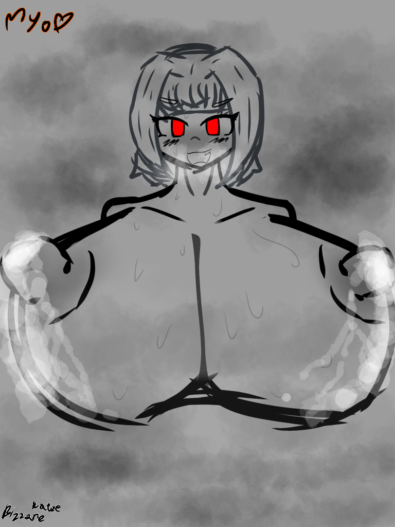 1girls bizzarekatze eyebrows_visible_through_hair huge_breasts hyper_breasts lactation library_of_ruina lobotomy_corporation looking_at_viewer myo_(lobotomy_corporation) open_mouth project_moon red_eyes sweat tagme