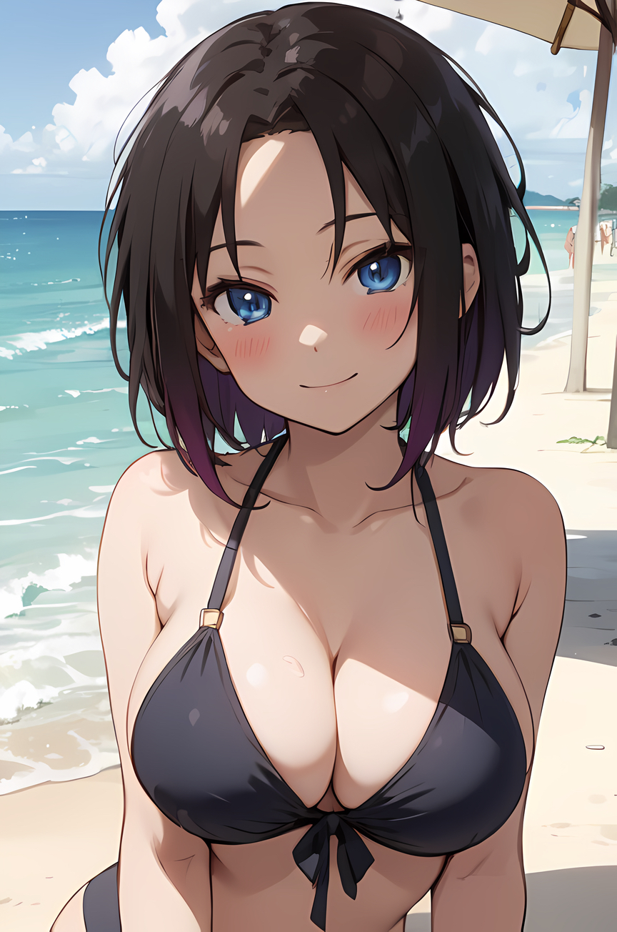 1girls, ai generated, beach, big breasts, bikini, black hair, blue eyes, blush, breasts, cleavage, elma (dragon maid), female, medium hair, miss kobayashi's dragon maid, smile, solo, swimsuit, upper body