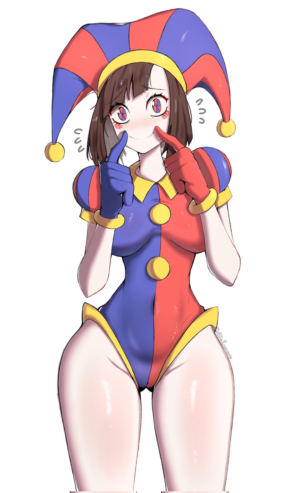 2023, 2d, 2d (artwork), 2d artwork, alfakronoxis, blush, breasts, brown hair, female, glitch productions, gloves, gooseworx, jester, jester costume, jester hat, jester outfit, looking at viewer, medium breasts, pomni (the amazing digital circus), short hair, smile, smiling, smiling at viewer, the amazing digital circus, thick thighs, white body