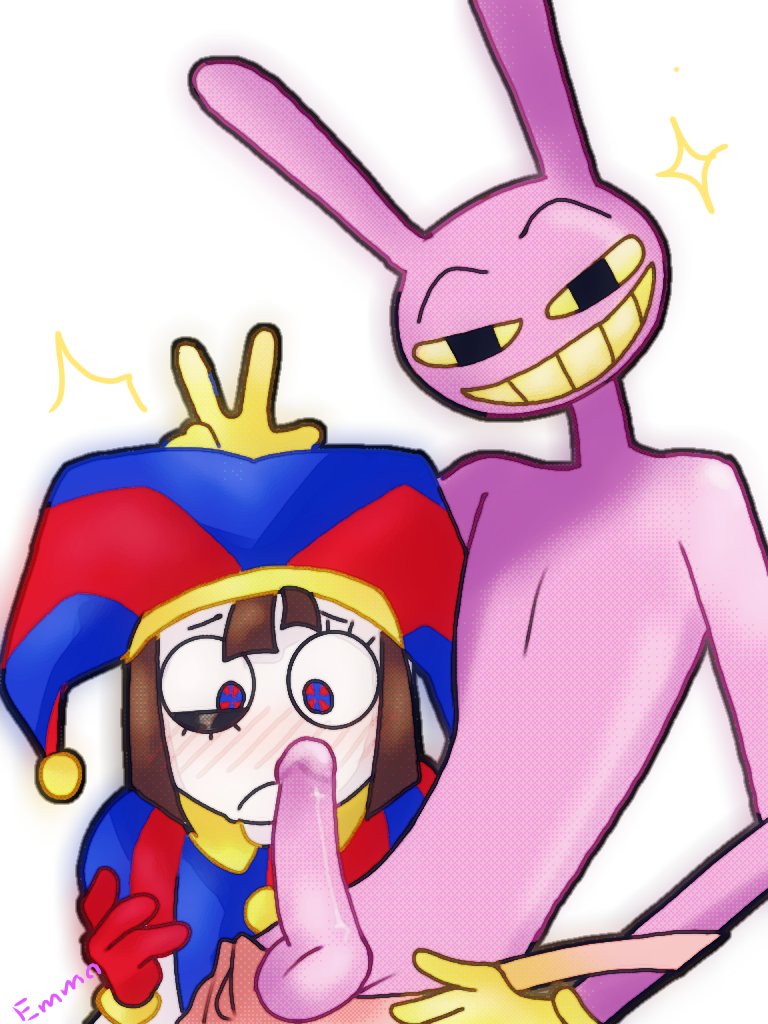 2023, 2d, 2d (artwork), 2d artwork, anthro, artist request, blush, brown hair, bunny ears, embarrassed, female, glitch productions, gloves, gooseworx, jax (the amazing digital circus), jester, jester costume, jester hat, jester outfit, looking at penis, male, peace sign, penis, pomni, pomni (the amazing digital circus), purple body, purple penis, short hair, smiling, straight, tagme, the amazing digital circus, white body, yellow eyes, yellow mouth