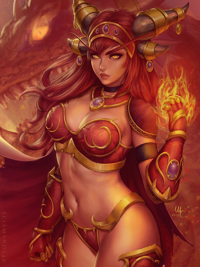 alexstrasza, armored female, bikini armor, breasts, female, fire, golden eyes, large breasts, red hair, sciamano240, warcraft, world of warcraft