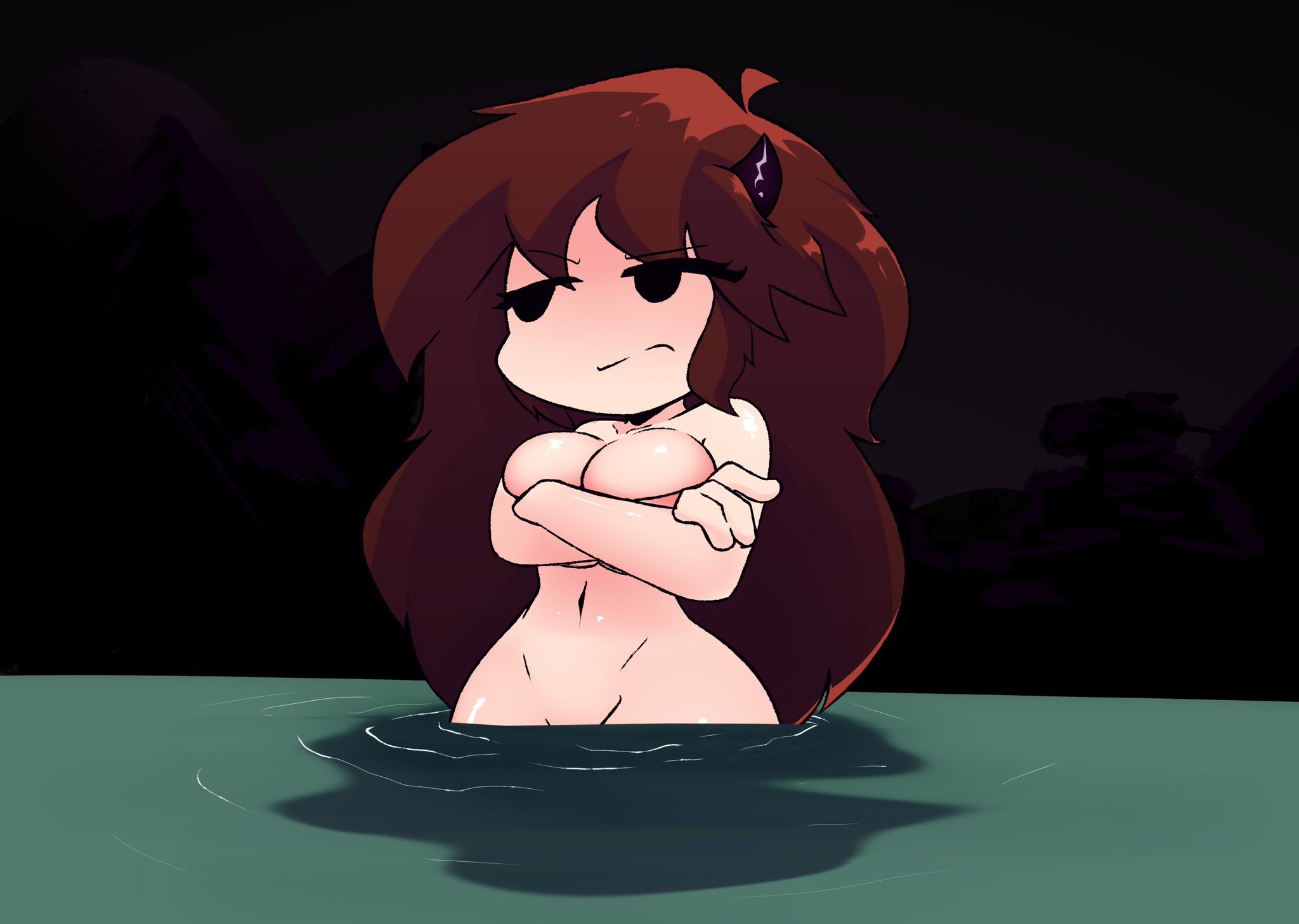 13th friday night: funk blood, 1girls, big breasts, breasts, brown hair, coletteposting, completely nude, covering breasts, female, female only, friday night funkin, friday night funkin mod, girlfriend (friday night funkin), horns, in water, lake, naked, naked female, navel, nude, nude female, skinnydip girlfriend, solo, solo female, tagme, very long hair, water