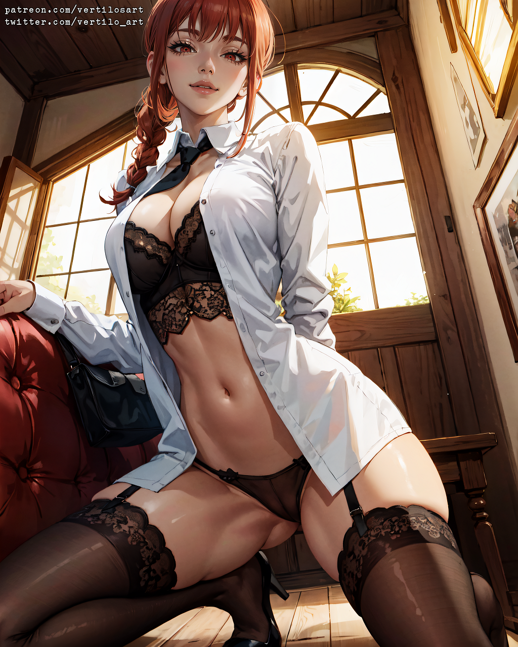 1girls, ai generated, bra, chainsaw man, collared shirt, dominant female, female, female only, from below, high heels, lingerie, makima (chainsaw man), mommy, necktie, on knees, red eyes, red hair, shirt, solo, tagme, thighhighs, unbuttoned, vertiloart