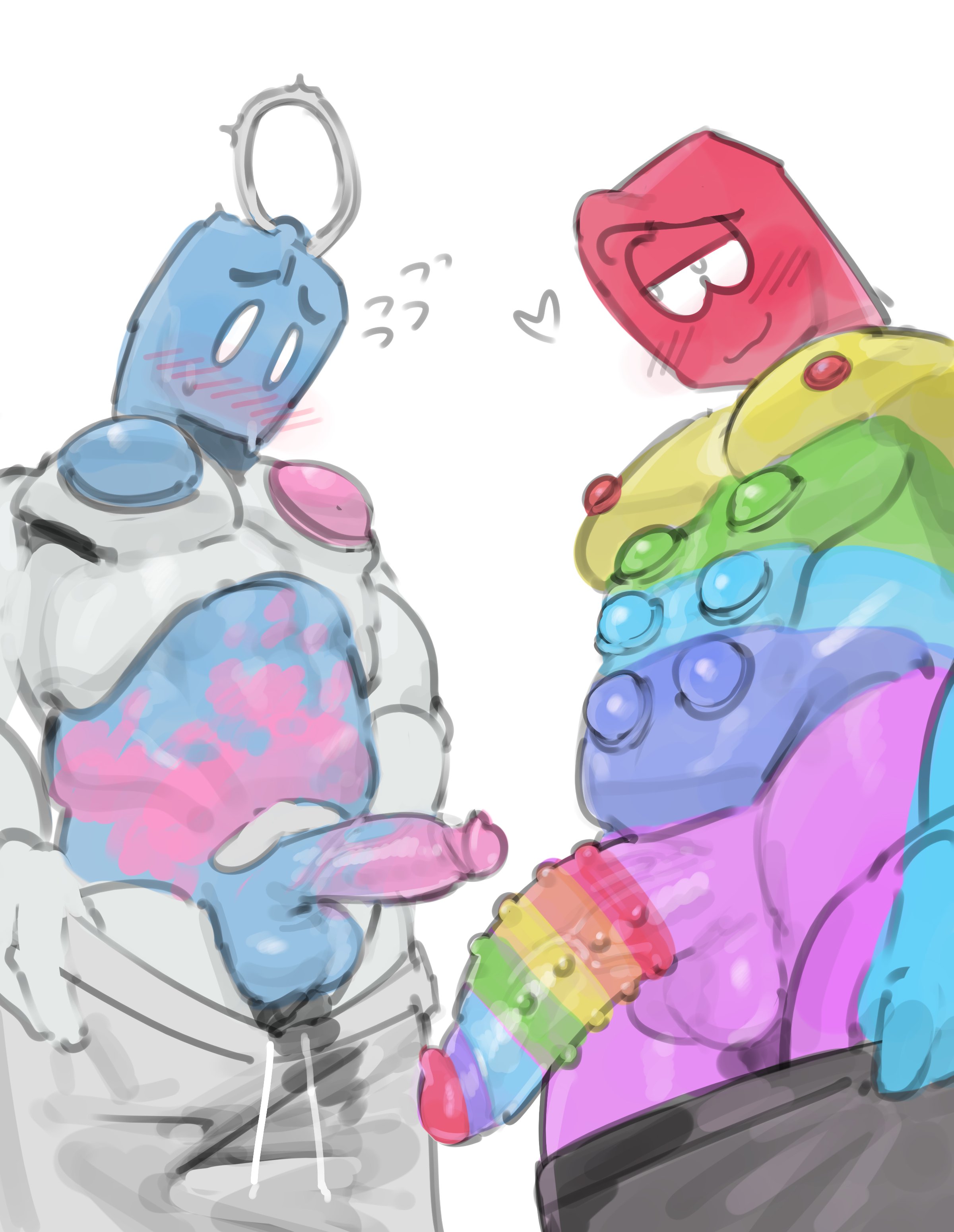 2boys, ball gag, balls, balls clench, balls outline, big penis, blush, blush lines, erect penis, erection, gay, gay male, grabbing, grabbing balls, grabbing penis, half-closed eyes, heart, holding, holding penis, huge cock, huge penis, kogito, long penis, looking at penis, looking down, male, male focus, male only, male/male, mammal, massive cock, massive penis, multicolored body, multicolored skin, muscles, muscular, muscular arms, muscular male, nipples, no shirt, non-human, non-human only, pants, pants down, penis, penis size difference, pop it, presenting, presenting penis, pulling down pants, pulling pants down, simple dimple, smile, smirk, sweat, sweaty cock, sweaty penis, testicles, testicles clench, thick penis, thick thighs, toy, toys, vein, veins, veiny, veiny penis, yaoi