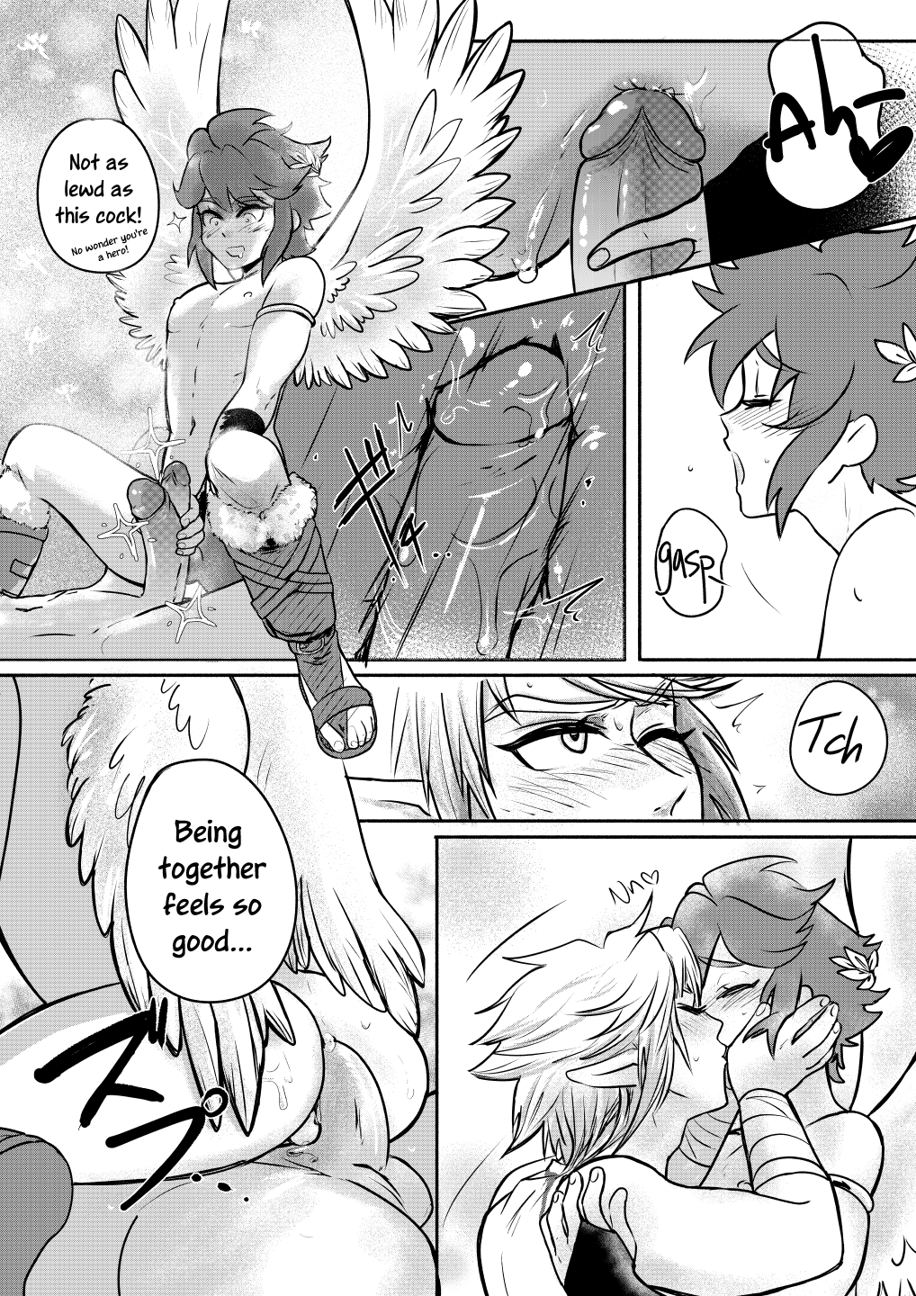 2020 anal anal_sex angel anus armwear ass balls blush closed_eyes clothing comic cowgirl_position crossover dialogue duo elf embrace english_text erection feathered_wings feathers feet femboy fingers footwear from_front_position frottage gay genitals hair hand_on_back hand_on_face hand_on_penis hi_res humanoid humanoid_genitalia humanoid_on_humanoid humanoid_penetrated humanoid_penetrating humanoid_penetrating_humanoid humanoid_penis humanoid_pointy_ears hylian internal kid_icarus kiss_on_lips link looking_pleasured male male/male male_penetrated male_penetrating male_penetrating_male moan monochrome mostly_nude nintendo on_bottom on_top one_eye_closed open_mouth penetration penile penile_penetration penis penis_in_ass pit_(kid_icarus) sex soft_sizzle sparkles speech_bubble text the_legend_of_zelda toes winged_humanoid wings yaoi