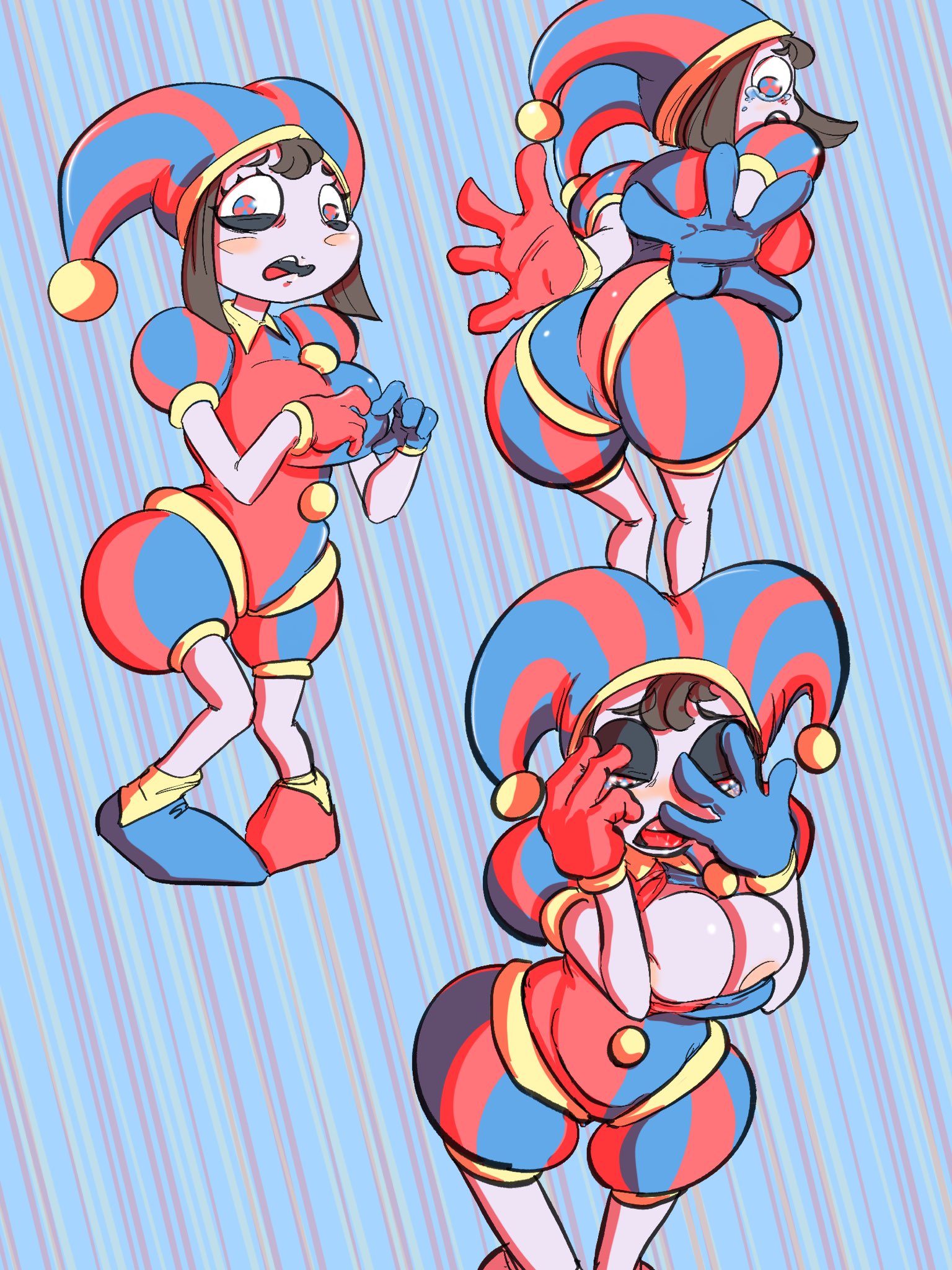 2023, 2d, 2d (artwork), 2d artwork, artist request, ass, breast out, breasts, brown hair, embarrassed, female, glitch productions, gloves, gooseworx, hiding face, ineffective identity concealment, jester, jester costume, jester hat, jester outfit, looking at viewer, looking behind, pomni, pomni (the amazing digital circus), short hair, small breasts, smaller female, tagme, the amazing digital circus