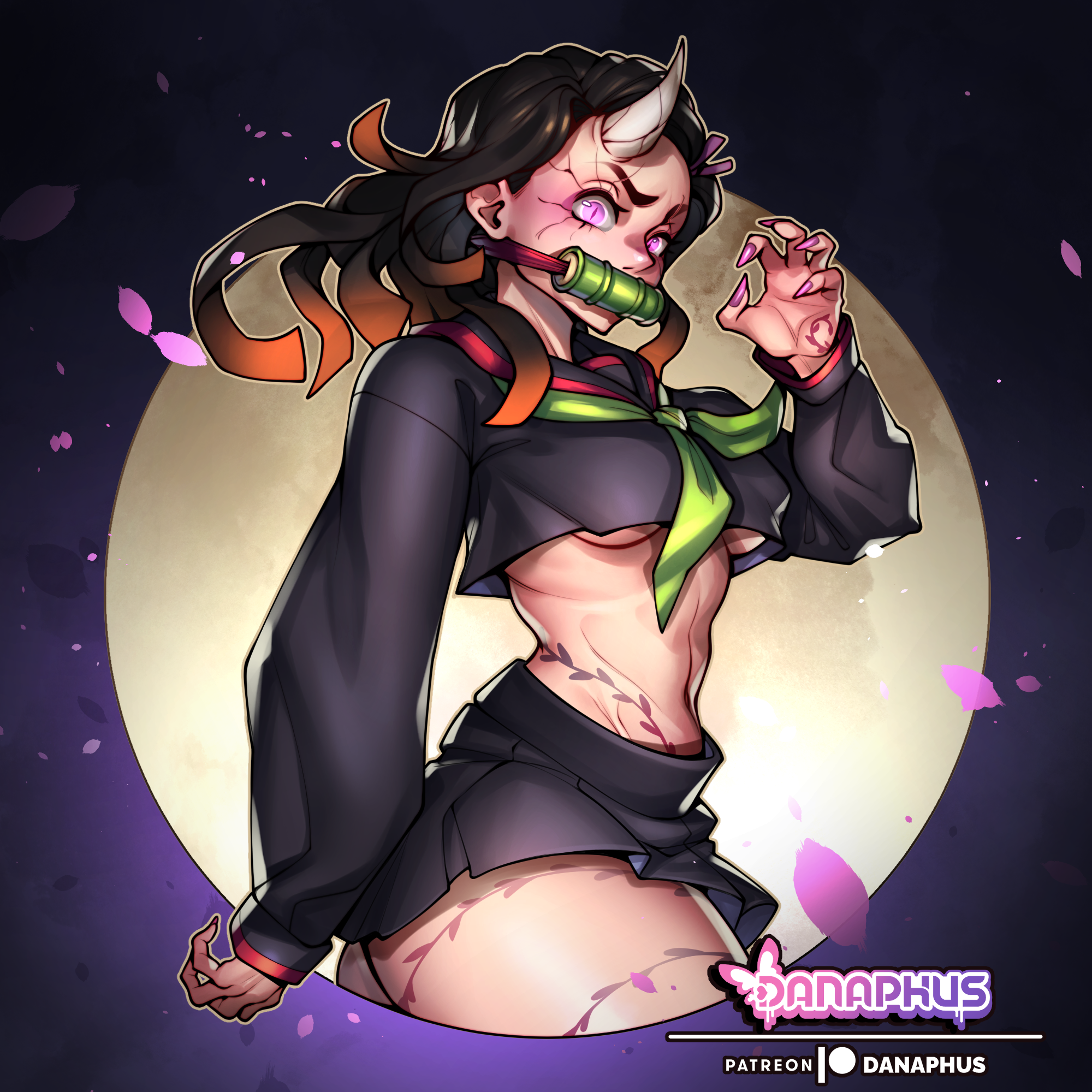 1girls, bamboo, black hair, black-haired female, brown hair, danaphus, demon, demon girl, demon horns, demon slayer, female, kamado nezuko, kimetsu no yaiba, muscles, muscular female, nezuko (berserker mode), nezuko (demon form), nezuko kamado, sailor uniform, school uniform, schoolgirl, violet eyes