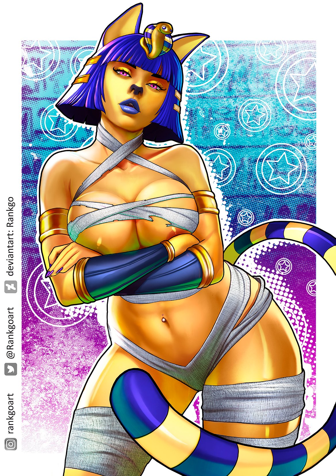 2021 animal_crossing ankha ankha_(animal_crossing) anthro areolae blue_hair cleavage hi_res large_breasts looking_at_viewer rankgo short_hair standing yellow_body