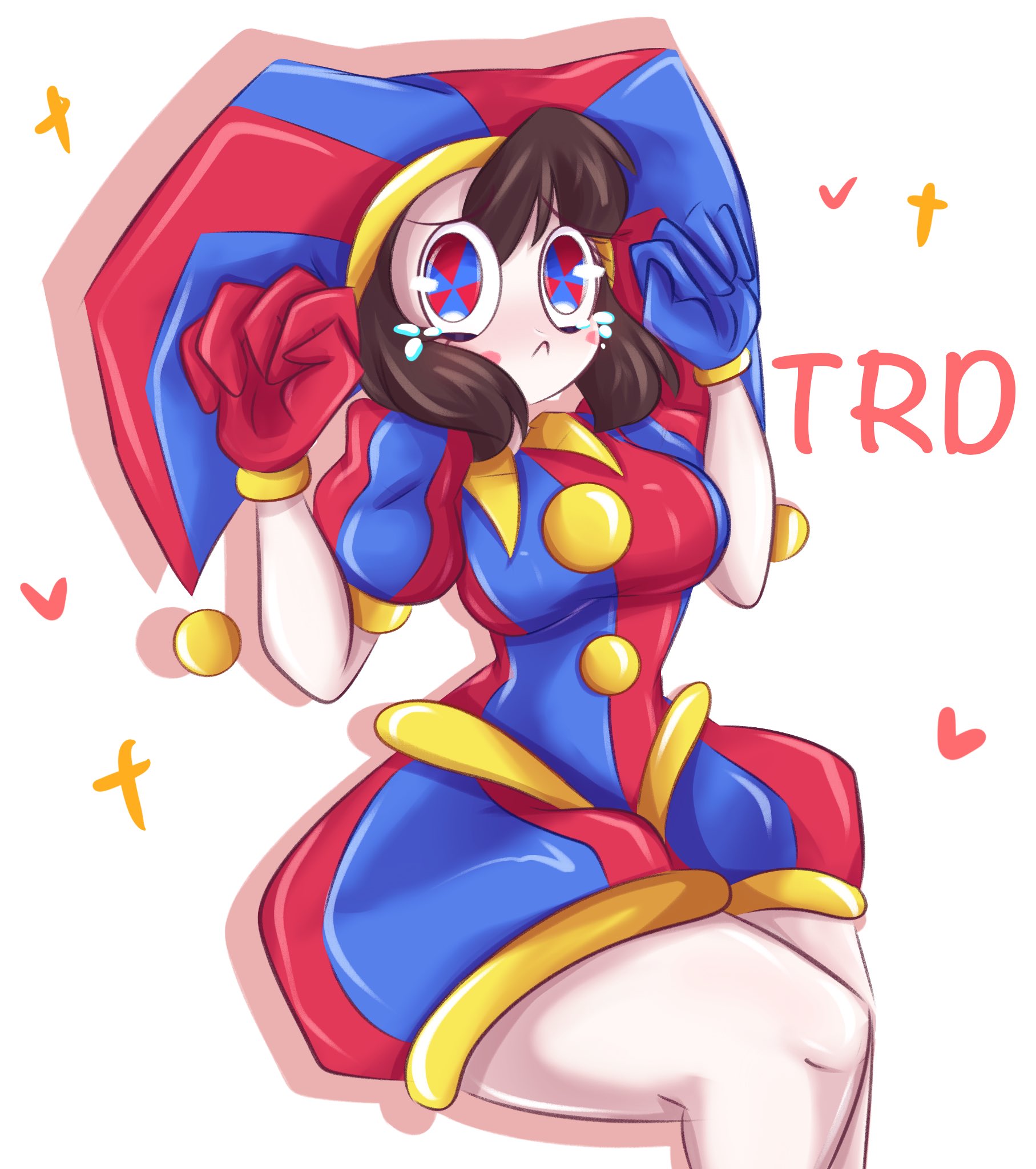 2023, 2d, 2d (artwork), 2d artwork, big thighs, breasts, brown hair, female, glitch productions, gloves, gooseworx, jester, jester costume, jester hat, jester outfit, looking at viewer, pomni, pomni (the amazing digital circus), short hair, small breasts, tagme, the amazing digital circus, thick thighs, trd-yo, white body