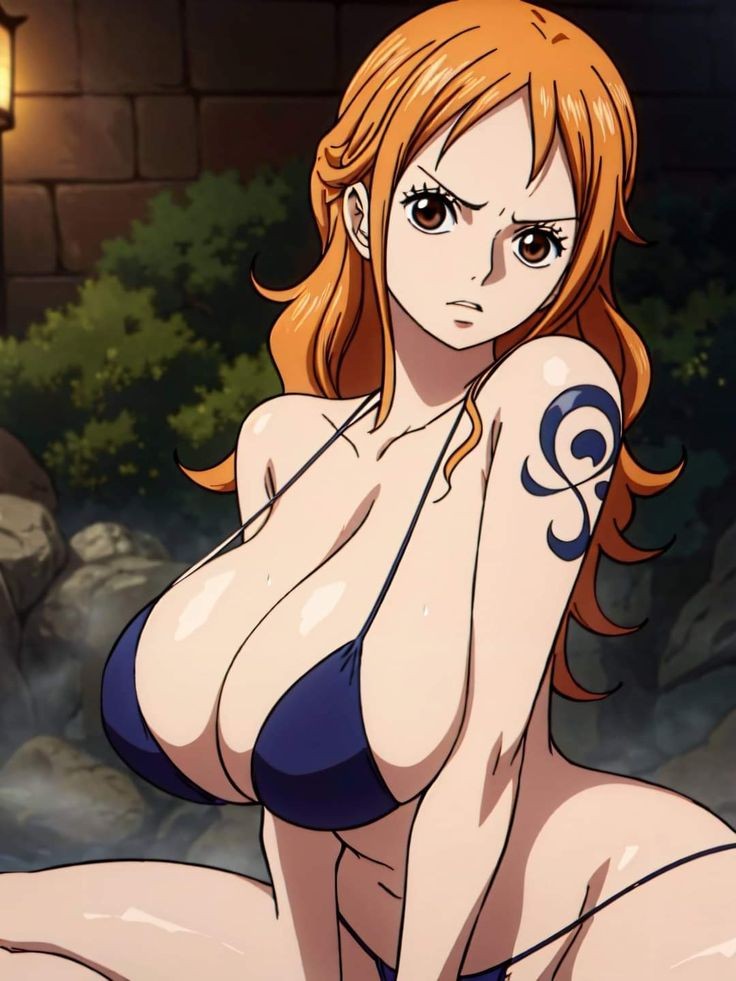 accurate art style, ai generated, arm tattoo, artist request, ass, big ass, big breasts, bikini, blue tattoo, breasts, brown eyes, female, female only, nami (one piece), one piece, orange hair, orange-haired female, post-timeskip, sauna, sitting, solo, tattoo, worried