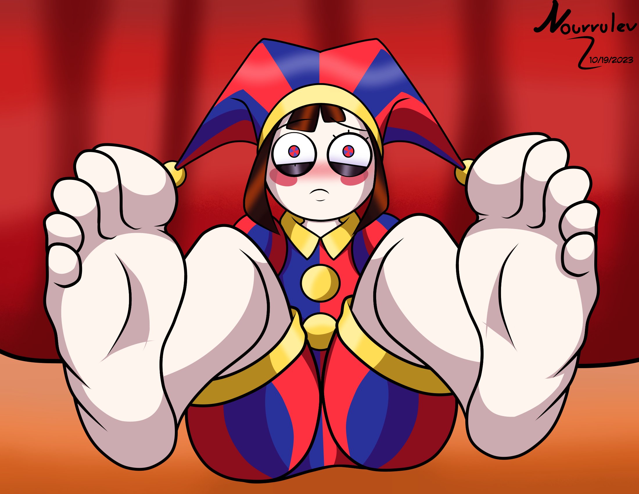 2023, 2d, 2d (artwork), 2d artwork, barefoot, blush, brown hair, feet, female, foot fetish, foot focus, glitch productions, gloves, gooseworx, jester, jester costume, jester hat, jester outfit, looking at viewer, nourrulev, pomni, pomni (the amazing digital circus), presenting feet, short hair, soles, tagme, the amazing digital circus, toes