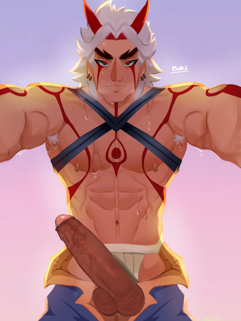 arataki_itto balls bara big_penis body_markings boner erection foreskin genshin_impact hoeki horns jockstrap jockstrap_aside male male_only muscles muscular oni partially_retracted_foreskin penis solo solo_male sweat sweating uncut white_hair