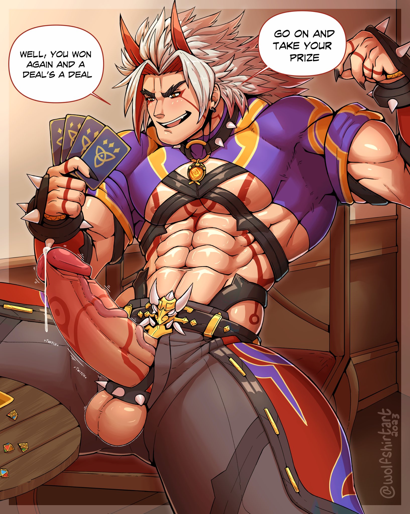 arataki itto, balls, bara, big penis, blush, body markings, boner, clothing, erection, genshin impact, horns, male, male only, muscles, muscular, oni, penis, penis out, solo, solo male, speech bubble, white hair, wolfshirtart, yaoi
