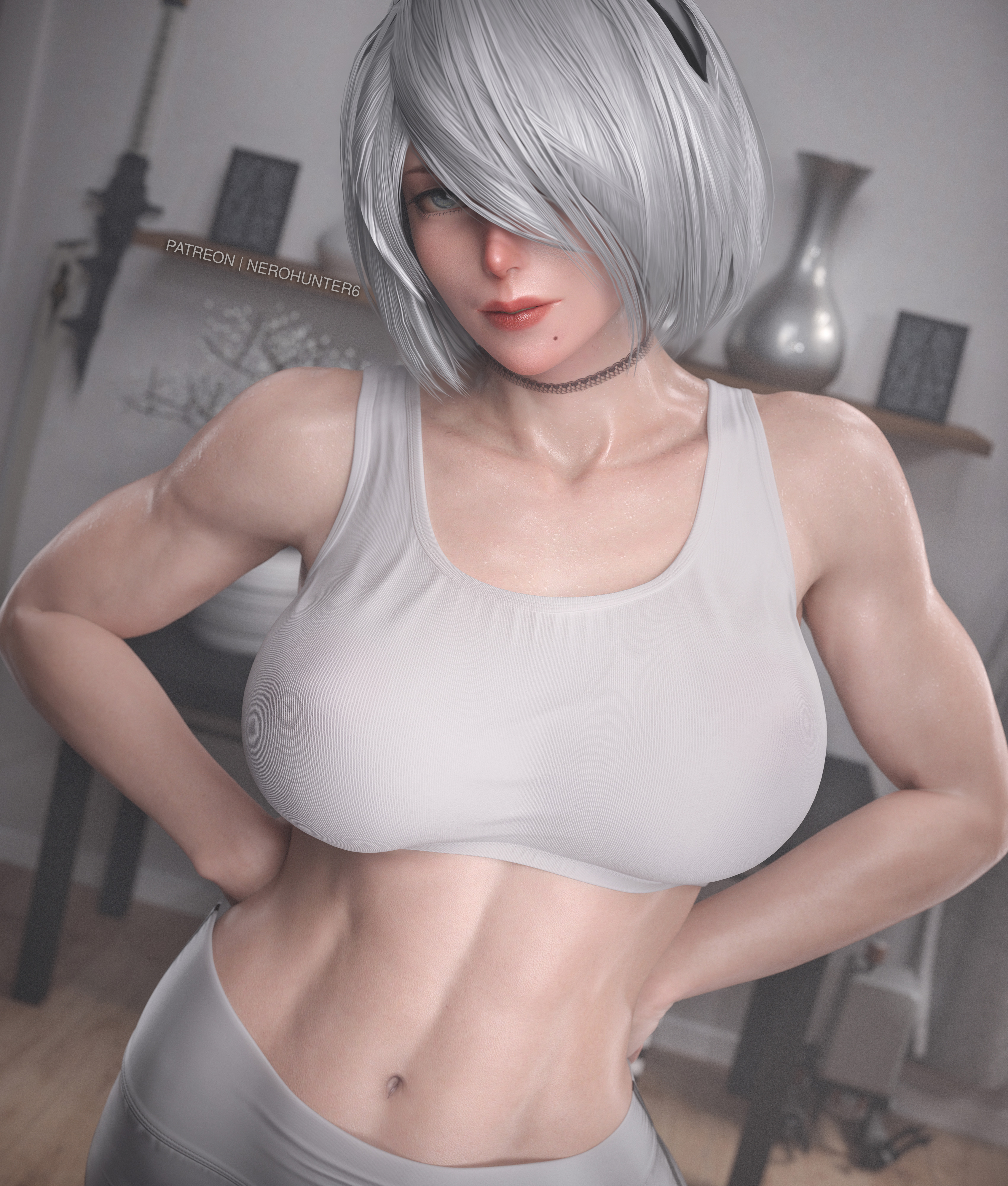 1girls, 3d, abs, ass, big breasts, breasts, female, female only, large breasts, lingerie, looking at viewer, looking back, nerohunter6, nier, nier (series), nier: automata, nipple piercing, nipples, nude, nude female, pierced nipples, piercing, solo, sports bra, thick thighs, white hair, yorha 2b