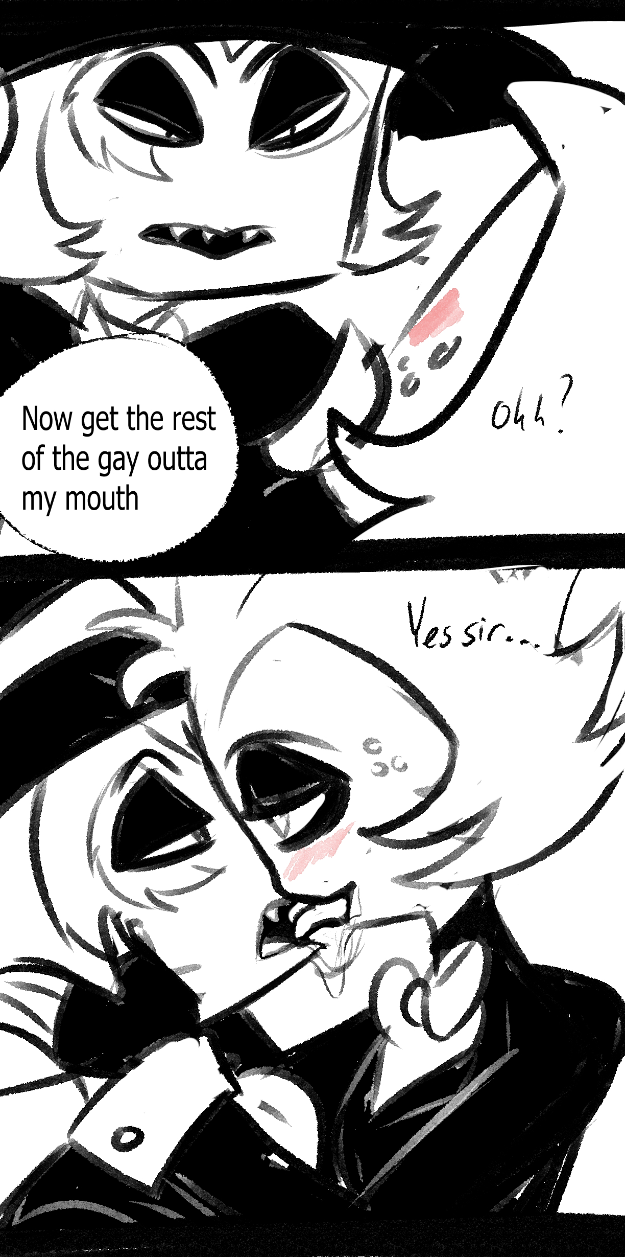 crimson (helluva boss), cum in mouth, demon, father and son, helluva boss, imp, incest, kissing, male, male/male, moxxie (helluva boss)