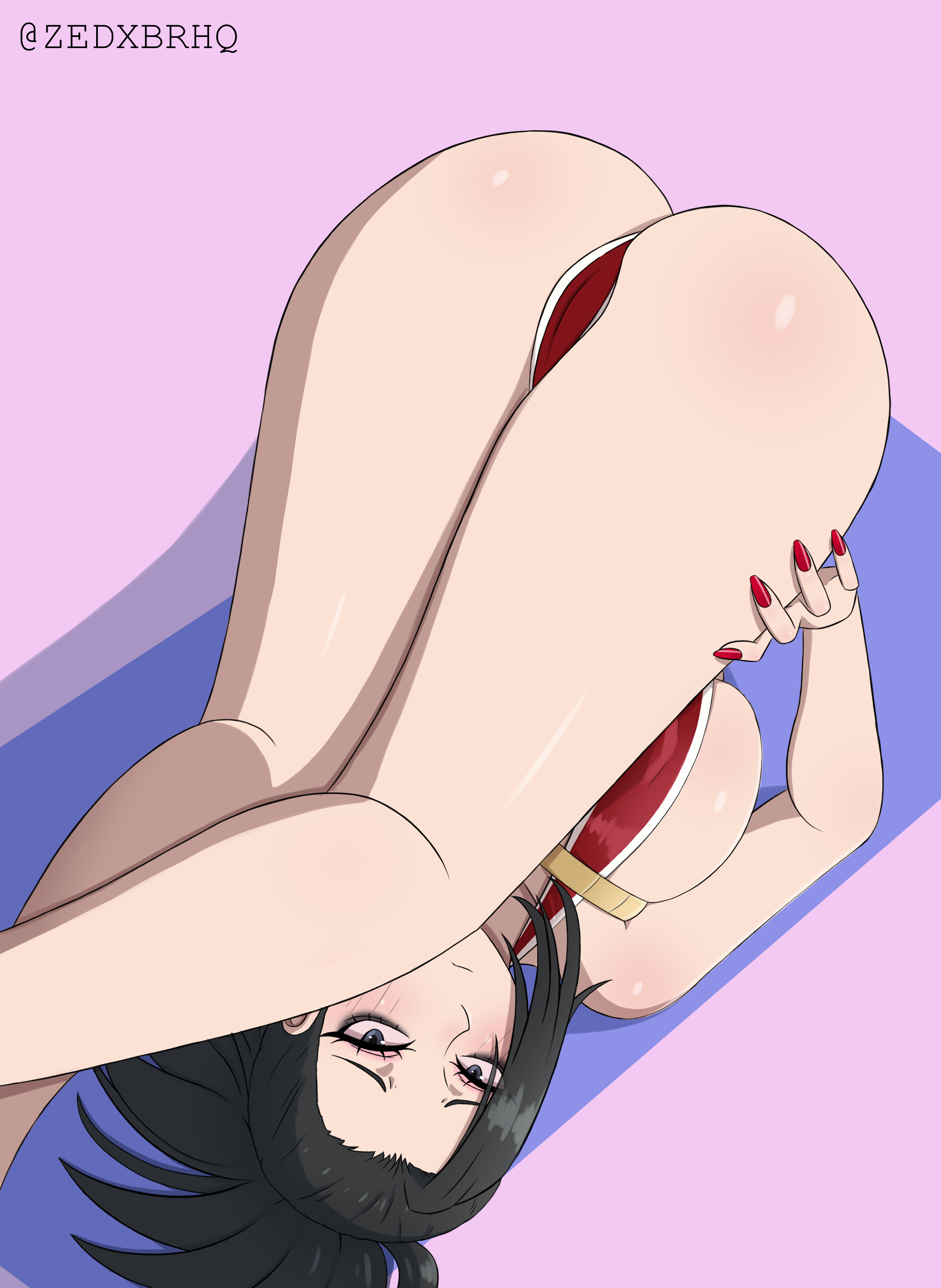 1girls, ass, ass focus, big ass, big breasts, black eyes, black hair, black-haired female, blush, breasts, female, female only, hair, hero outfit (mha), huge ass, human, human female, legs up, leotard, light-skinned female, looking at viewer, momo yaoyorozu, momo yaoyorozu (hero outfit), my hero academia, nail polish, nails, ponytail, red nail polish, red nails, solo, solo female, superheroine, thighs, zedxbr, zedxbrhq