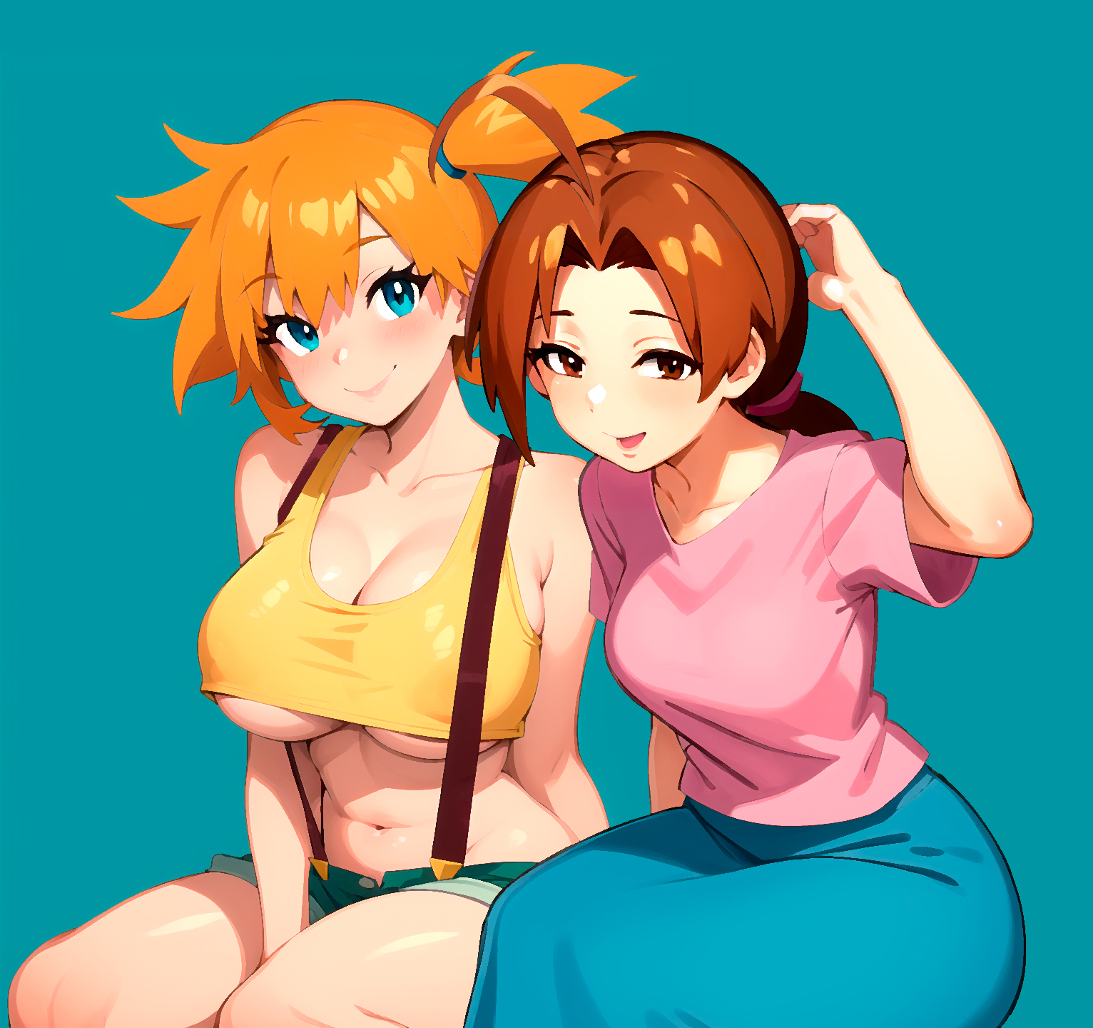 2girls, abs, ai generated, alternate breast size, asymmetrical hair, blue eyes, blush, breasts, brown eyes, brown hair, clothing, cowboy shot, crop top, delia ketchum (pokemon), denim, denim shorts, female, female only, game freak, high resolution, hips, huge breasts, kasumi (pokemon), large breasts, legs, long hair, losforry custom, midriff, multiple females, multiple girls, muscles, navel, nintendo, nipples, orange hair, pokemon, pokemon (anime), pokemon (classic anime), pokemon rgby, ponytail, shirt, short hair, short shorts, shorts, side ponytail, sleeveless, sleeveless shirt, spiky hair, suspenders, tank top, thighs, tied hair, underboob, very high resolution, wide hips, yellow shirt