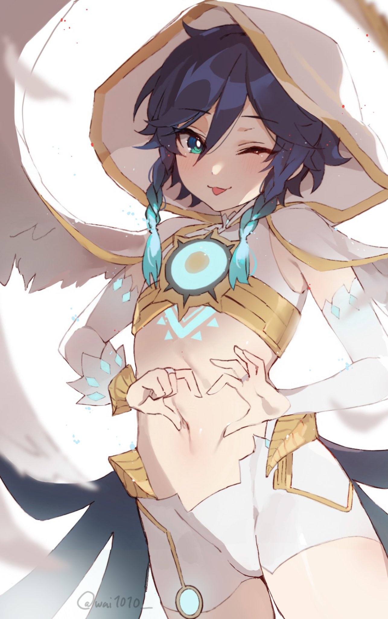 1boy, androgynous, angel, angel wings, aqua eyes, barbatos (genshin impact), belly, belly button, blue hair, braid, femboy, genshin impact, heart, hoodie, looking at viewer, male, midriff, shorts, tongue, tongue out, trap, twink, venti (genshin impact), venti (genshin impact) (archon fit), wai1010, wings, winking at viewer