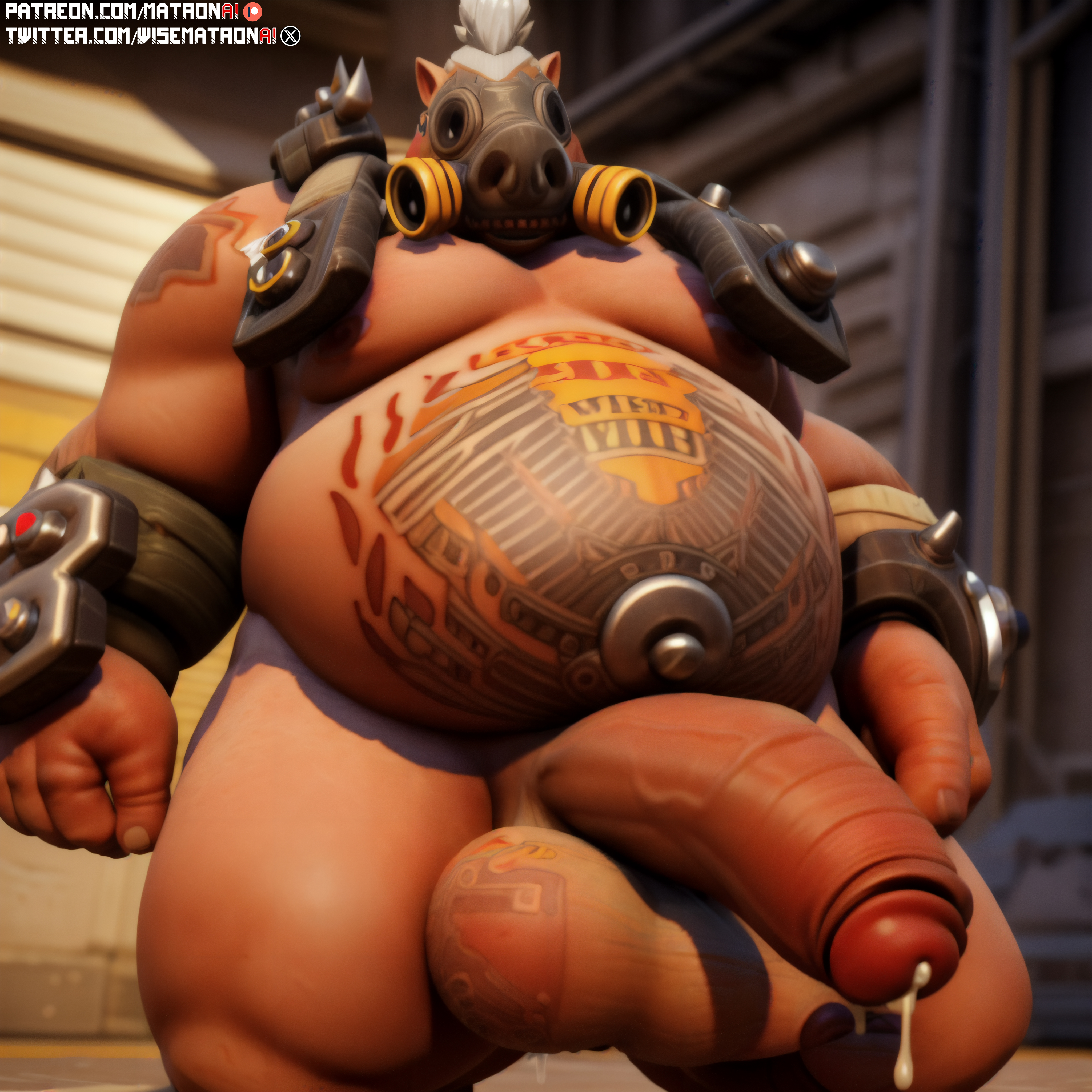 1boy, 4k, ai generated, balls, belly, bhm, big balls, big belly, cum drip, fat, fat male, highres, human, large penis, male, male only, matronai (artist), obese, obese male, overwatch, overweight, overweight male, patreon, patreon username, penis, pinup, roadhog, solo, solo male, stable diffusion, twitter username, veiny penis, video games