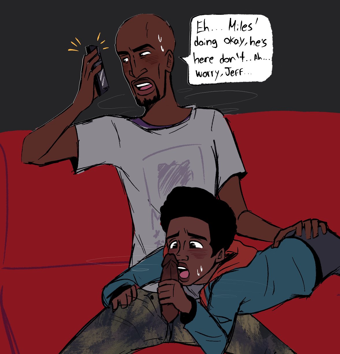 2boys aaron_davis blowjob blowjob_face dark-skinned_male dark_skin fex_(art) gay gay_blowjob human human_only incest male marvel mature mature_male miles_morales_(spider-verse) spider-man:_into_the_spider-verse spider-man_(series) uncle_and_nephew yaoi