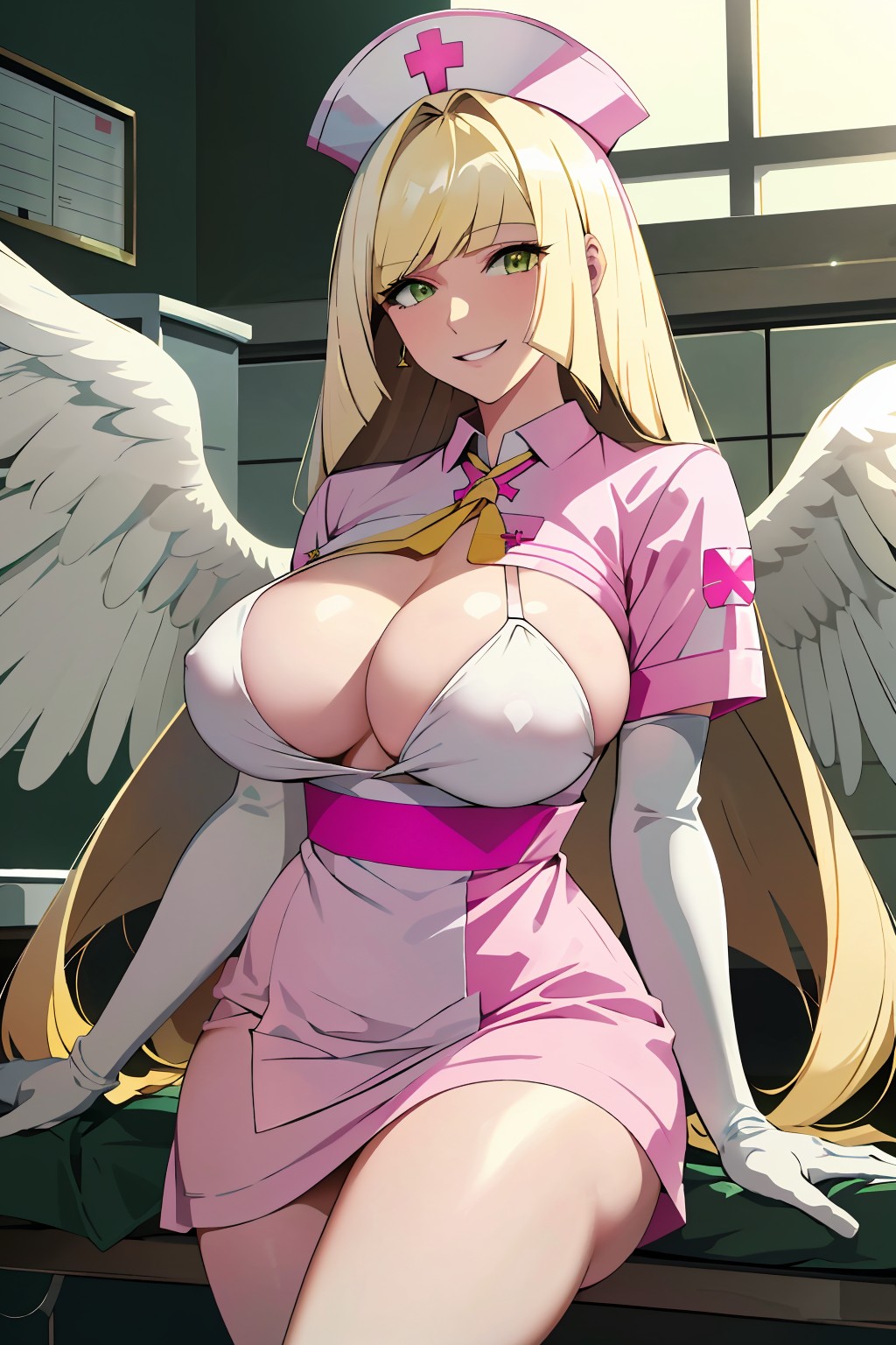 1girls, ai generated, alternate breast size, angel wings, blonde hair, breasts, cleavage, female, game freak, green eyes, hair over one eye, huge breasts, light skin, light-skinned female, long hair, lusamine (pokemon), mature female, milf, mother, nintendo, nurse, nurse cap, nurse outfit, pokemon, pokemon sm, smile, stable diffusion, thick thighs, wings