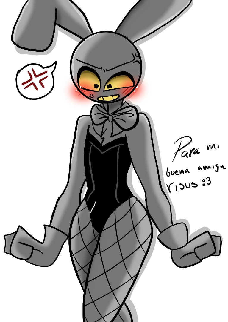 1boy, angry, anthro, artist request, black and white, blush, bow tie, bunny ears, bunnysuit, fur, gay, gay male, glitch productions, gloves, gooseworx, jax (the amazing digital circus), male, male focus, male only, solo male, spanish text, tagme, the amazing digital circus, thighs, yellow eyes, yellow mouth