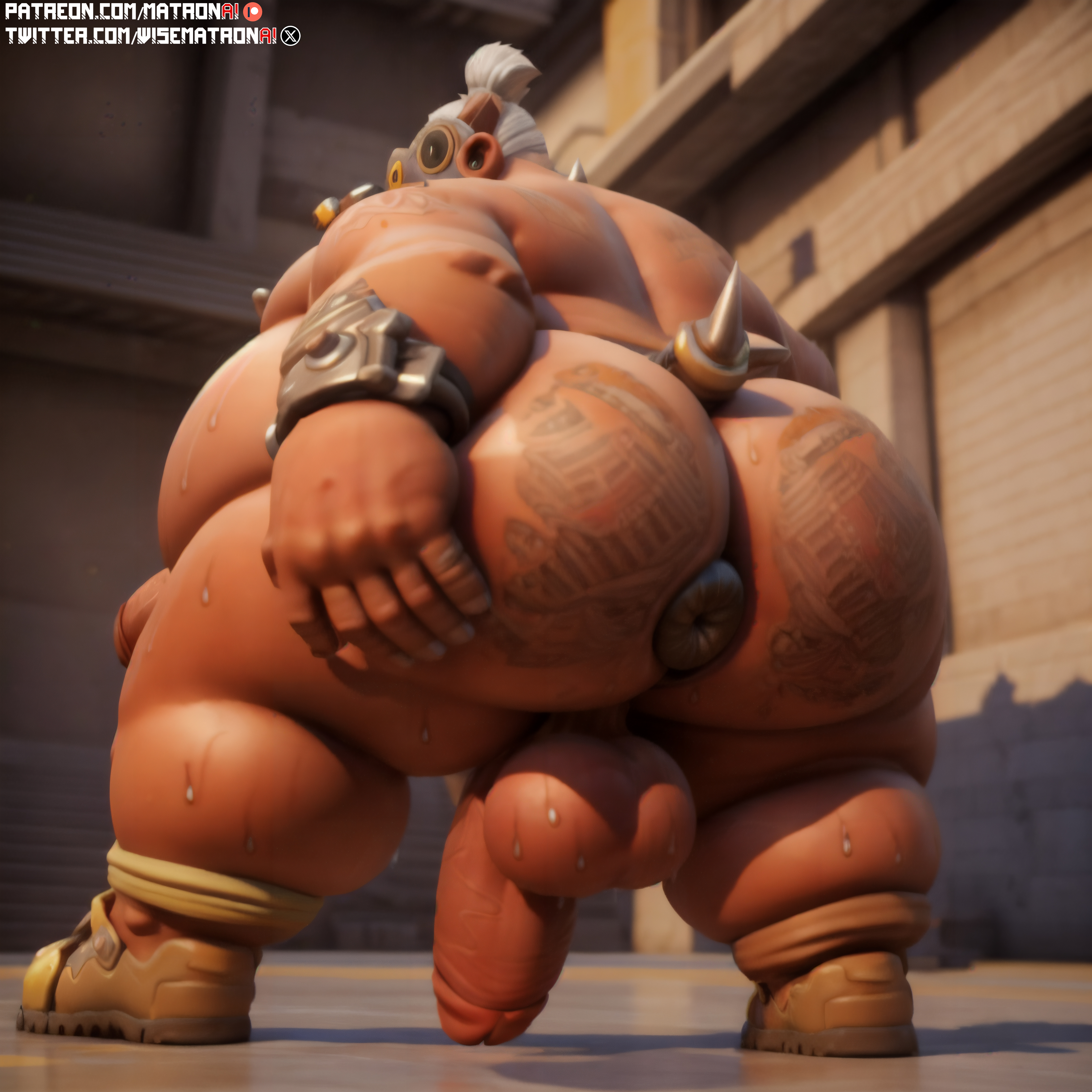 1boy, 4k, ai generated, anus, balls, belly, bhm, big balls, big belly, fat, fat male, gay, highres, human, large penis, male, male only, matronai (artist), obese, obese male, overwatch, overweight, overweight male, patreon, patreon username, penis, pinup, puffy anus, roadhog, solo, stable diffusion, sweat, twitter username, veiny penis, video games