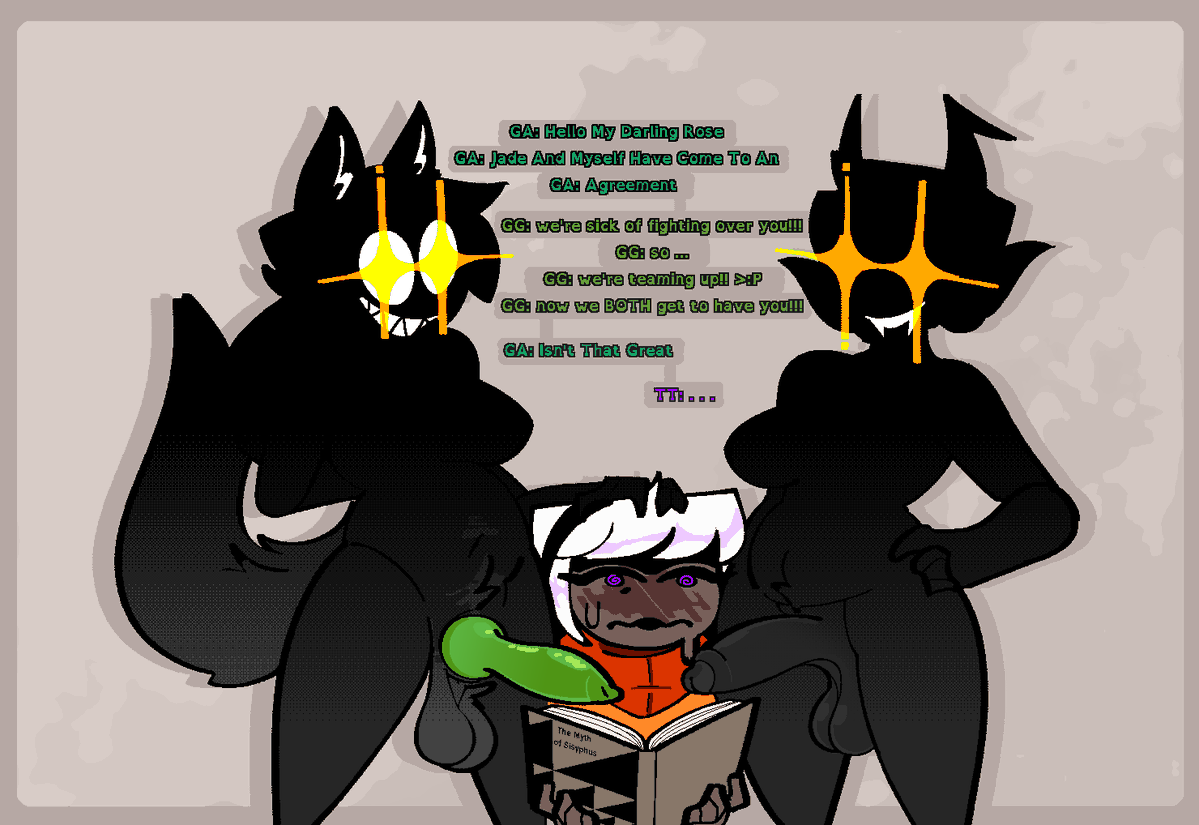 1girls, 2futas, animal genitalia, animal genitalia on humanoid, animal penis, balls, blush, blushing, canine penis on humanoid, canon couple, dark skin, dark-skinned female, dialogue, dog ears, dog girl, dog penis, dog tail, female, futanari, homestuck, horns, imminent sex, intersex, jade harley, kanaya maryam, married couple, ms paint adventures, penis, rose lalonde, sharp teeth, shiny eyes, sweat, sweatdrop, sweating, threesome, trans woman, transfem, troll, xenopavilia