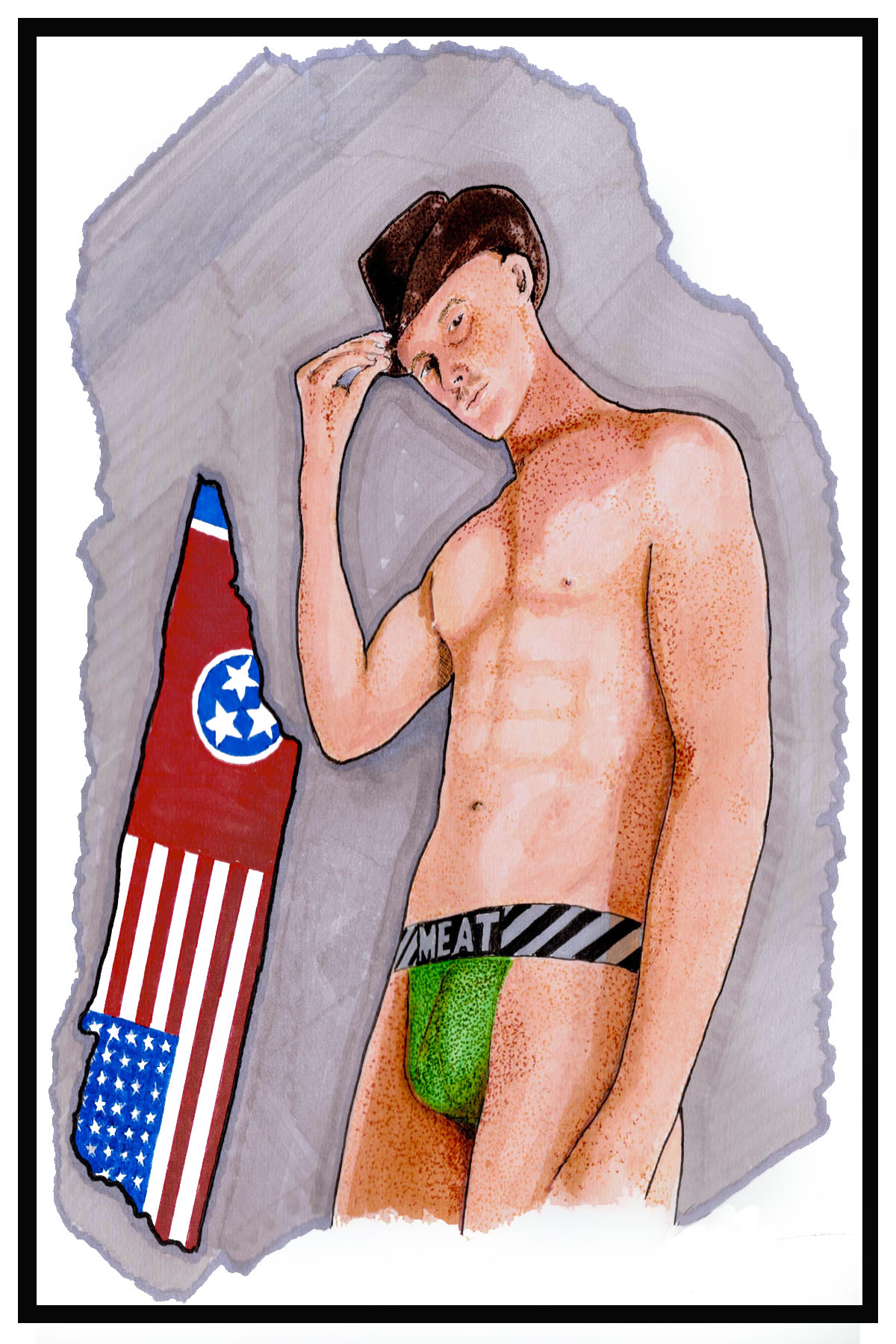 american_guy american_male fit_male gay gay_male hand_drawn ink jockstrap jockstrap_only male male_body male_only marker marker_(artwork) marker_(medium) mixed_media pen pen_(artwork) self_upload sketches_by_adab solo tennessee_flag