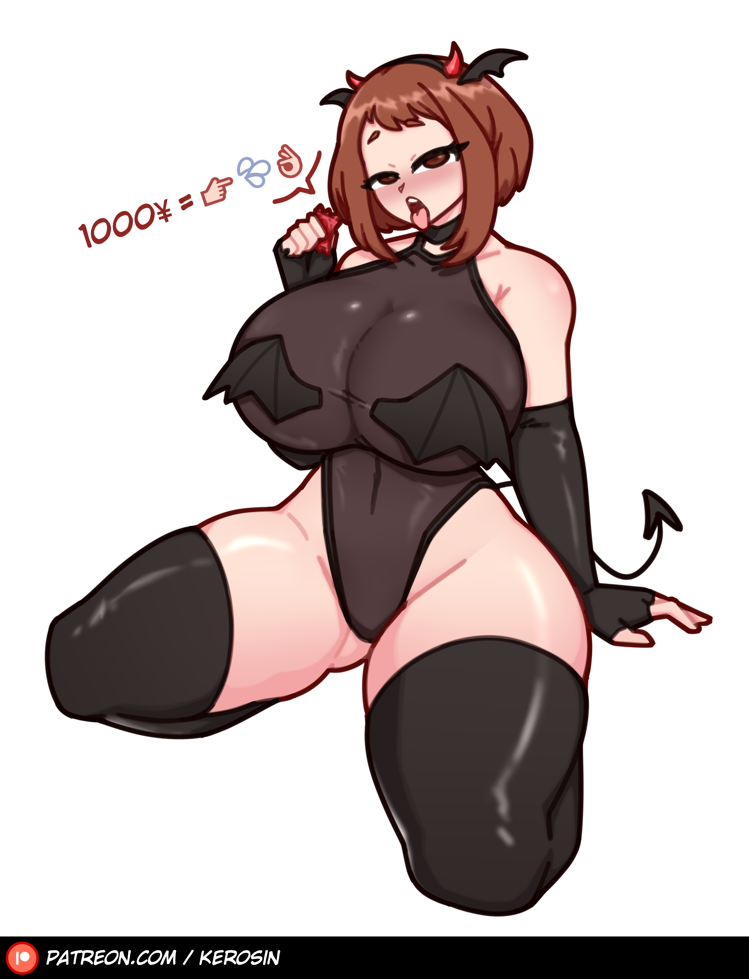1girls, ass, black legwear, boku no hero academia, breasts, brown hair, choker, condom, demon, eye contact, female, female focus, female only, front view, horny, horny female, huge breasts, kerosin, legwear, light skin, light-skinned female, looking at viewer, my hero academia, ochako uraraka, pov, pov eye contact, revealing, revealing clothes, see-through, see-through clothing, shiny clothes, shiny skin, solo, succubus, succubus costume, text, thick, thick ass, thick legs, thick thighs, thighhighs, thighs, tongue, tongue out, uraraka ochako, white background