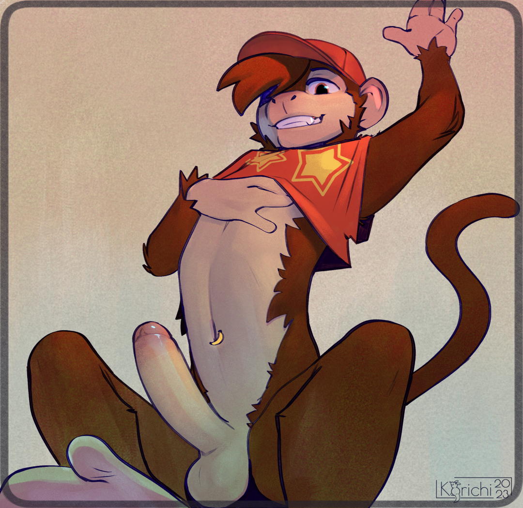 anthro, balls, biped, boner, brown body, brown fur, diddy kong, donkey kong (series), erection, fur, genitals, glans, haplorhine, humanoid genitalia, humanoid penis, korichi, male, male only, mammal, monkey, nintendo, penis, primate, solo, tail
