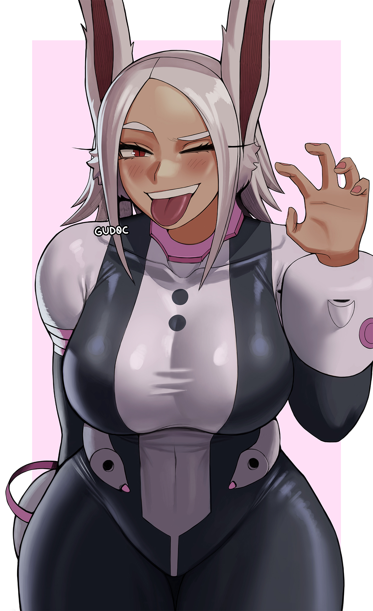 1girls, 2023, animal ears, artist name, belly button, belly button visible through clothing, big breasts, blush, blushing, blushing at viewer, bodysuit, breasts, busty, clothed, clothed female, clothes, clothing, cosplay, curvaceous, curvy, dark skin, dark-skinned female, eyelashes, female, female human, front view, fully clothed, gesture, gud0c, hair, hand up, happy, hero outfit (mha), hi res, human, large breasts, latex, legs together, long hair, looking at viewer, miruko, my hero academia, nail polish, navel, navel visible through clothes, ochako uraraka (cosplay), one eye closed, pink nails, pose, posing, rabbit ears, red eyes, signature, simple background, skin tight, smile, smiling, smiling at viewer, solo, standing, stomach, superhero costume, superheroine, teeth, thick thighs, thighs, three-quarter portrait, tongue, tongue out, voluptuous, white hair, white-haired female, wide hips, wink, winking at viewer
