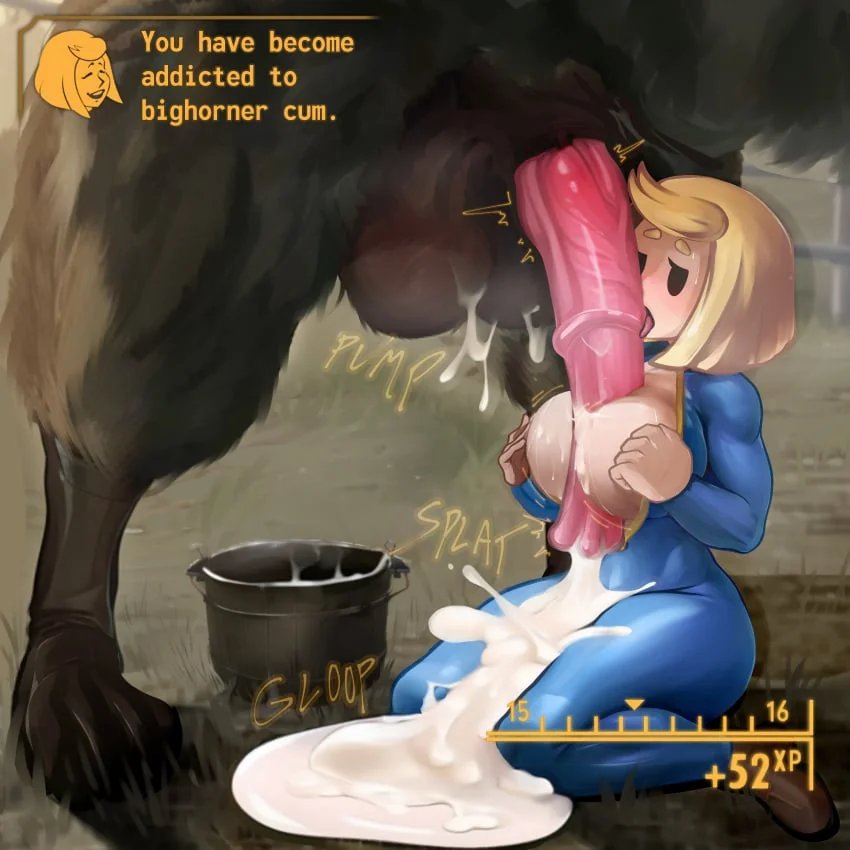 1boy 1girls cum cum_addiction cum_bucket fallout fallout_4 gameplay_mechanics gui horse horse_penis horsecock milking zoophilia zoquete