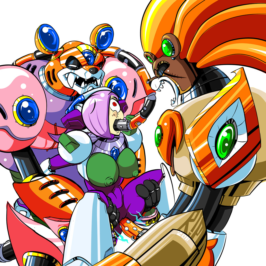 armor breasts color female hair insertion lumine_(mega_man) male mega_man mega_man_x multiple_males neon_tiger open_mouth oral_insertion purple_hair r!p robot rule_63 scar sex size_difference slash_beast vaginal_insertion vaginal_penetration white_background