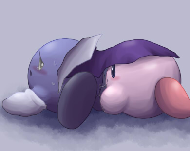 ambiguous_gender blue_body blush curious_look drool gray_feet irugan kirby kirby_(series) licking_asshole meta_knight pink_body red_feet saliva tears waddling_head