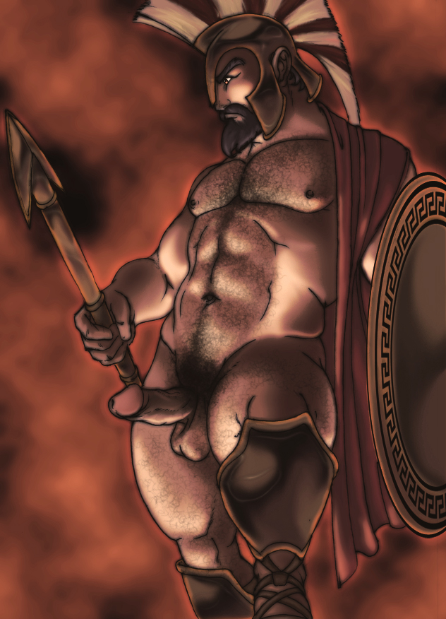 1boy amber_eyes ares balls deity erect_penis erection facial_hair greek_mythology helmet holding_weapon male_only mostly_nude mythology shield solo solo_male spear spread_legs tagme