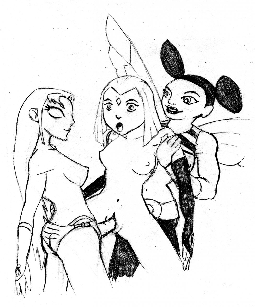 3girls black_and_white bumblebee_(dc) dc dc_comics dcau dwitefry female female_only karen_beecher nipples penis pussy rachel_roth raven_(dc) sex sex_toy sketch smooth_skin starfire strap-on teen_titans uncensored yuri