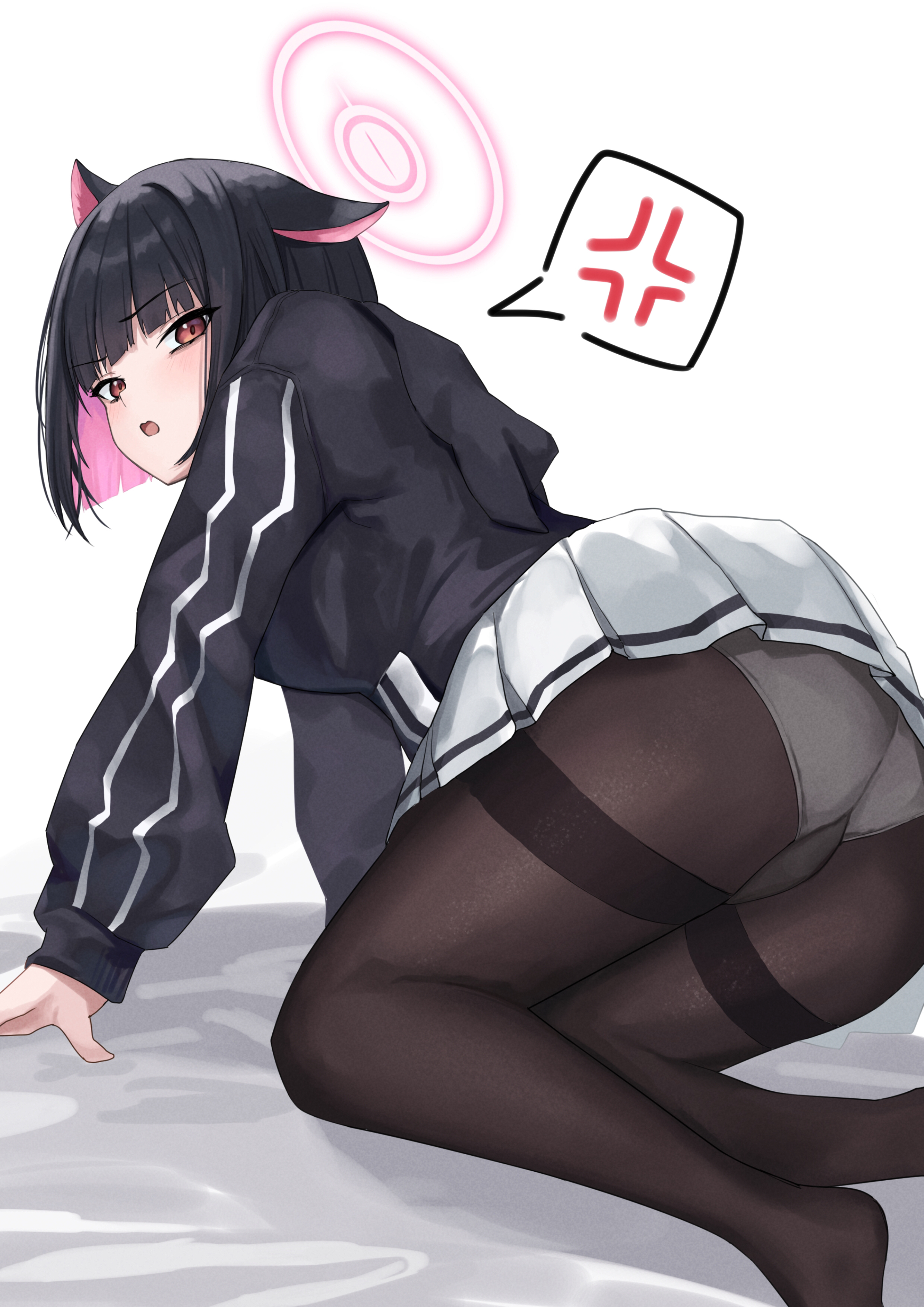 :o, absurdres, after-school sweets club (blue archive), all fours, anger vein, animal ears, asashin (asn), ass, bed sheet, black hair, black jacket, black pantyhose, blue archive, blunt ends, blush, cat ears, commentary request, female, grey skirt, halo, highres, hood, hooded jacket, jacket, kazusa (blue archive), long sleeves, looking at viewer, looking back, multicolored hair, panties, panties under pantyhose, pantyhose, pink eyes, pink hair, pleated skirt, school uniform, skirt, solo, spoken anger vein, trinity general school student, two-tone hair, underwear, white panties