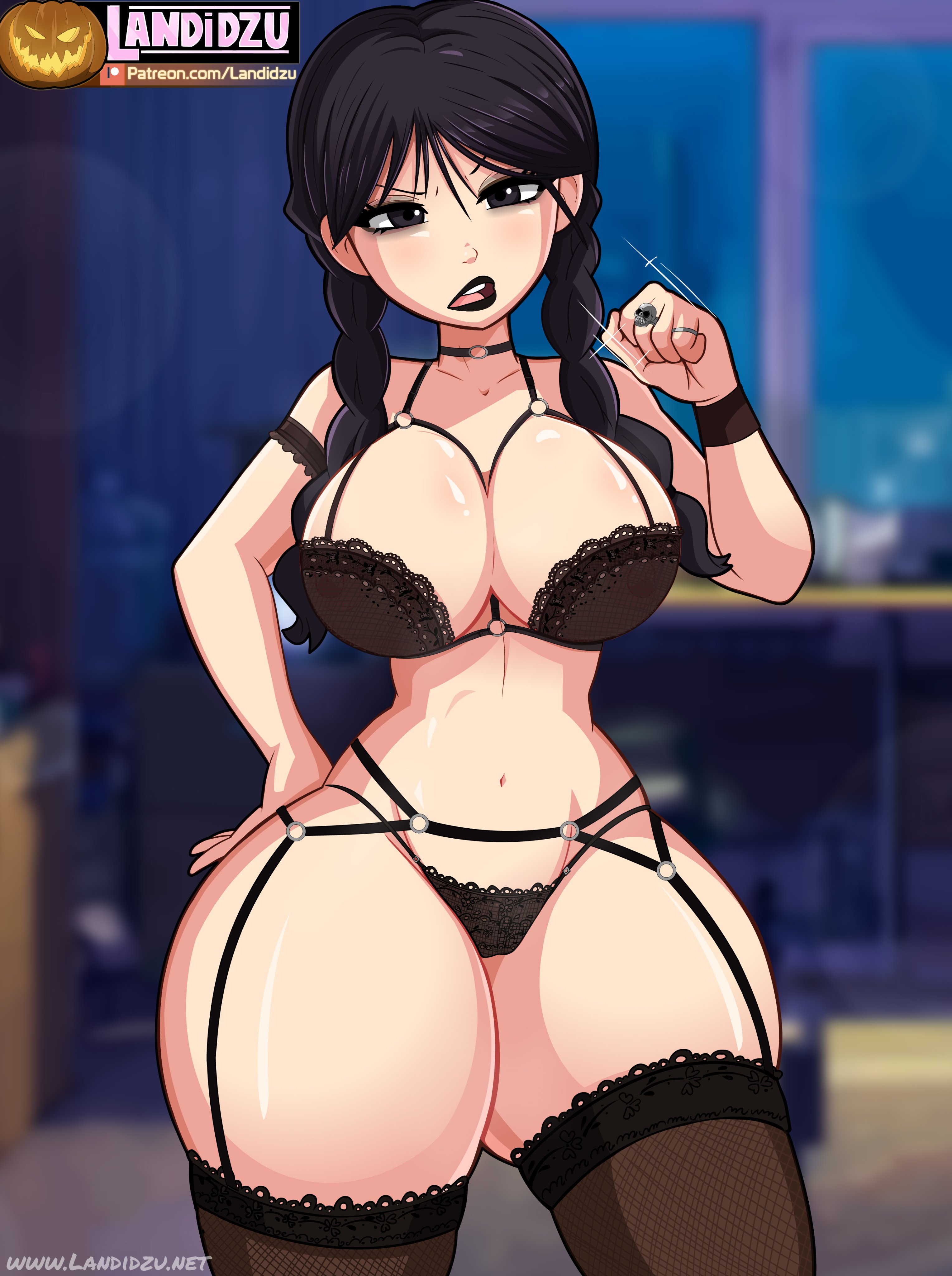 black hair, black lipstick, censored, female, female only, landidzu, lingerie, lipstick, tagme, the addams family, twintails, wednesday (netflix), wednesday addams