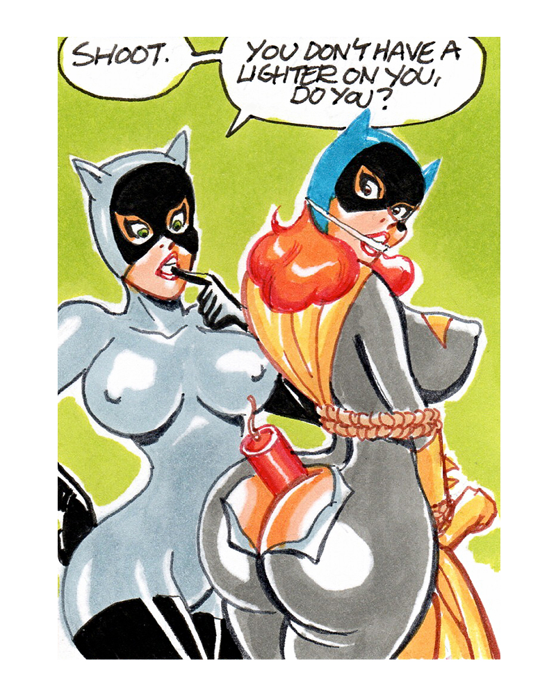 2girls ass ass_cleavage barbara_gordon batgirl batman_(series) between_ass between_buttocks big_ass big_breasts bodysuit butt_crack captured captured_heroine catwoman color dc dc_comics dialogue drawn dynamite female female_only gagged gloves gravhell holding_object_between_buttocks hourglass_figure large_ass large_breasts mask masked multiple_girls nipple_bulge pokies red_hair rope speech_bubble superheroine tied tied_arms tied_hands tied_up torn_clothes torn_clothing villain villainess wide_hips